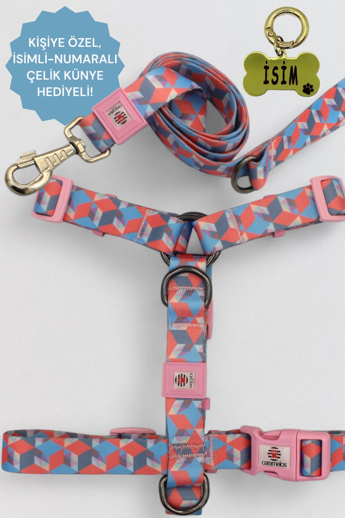 CARAMELOS KÖPEK TASMA SETİ KİŞİYE ÖZEL İSİMLİ TASMA, H TİPİ TASMA ,GÖVDE+GEZDİRME TASMASI, KÖPEK KÜNYE