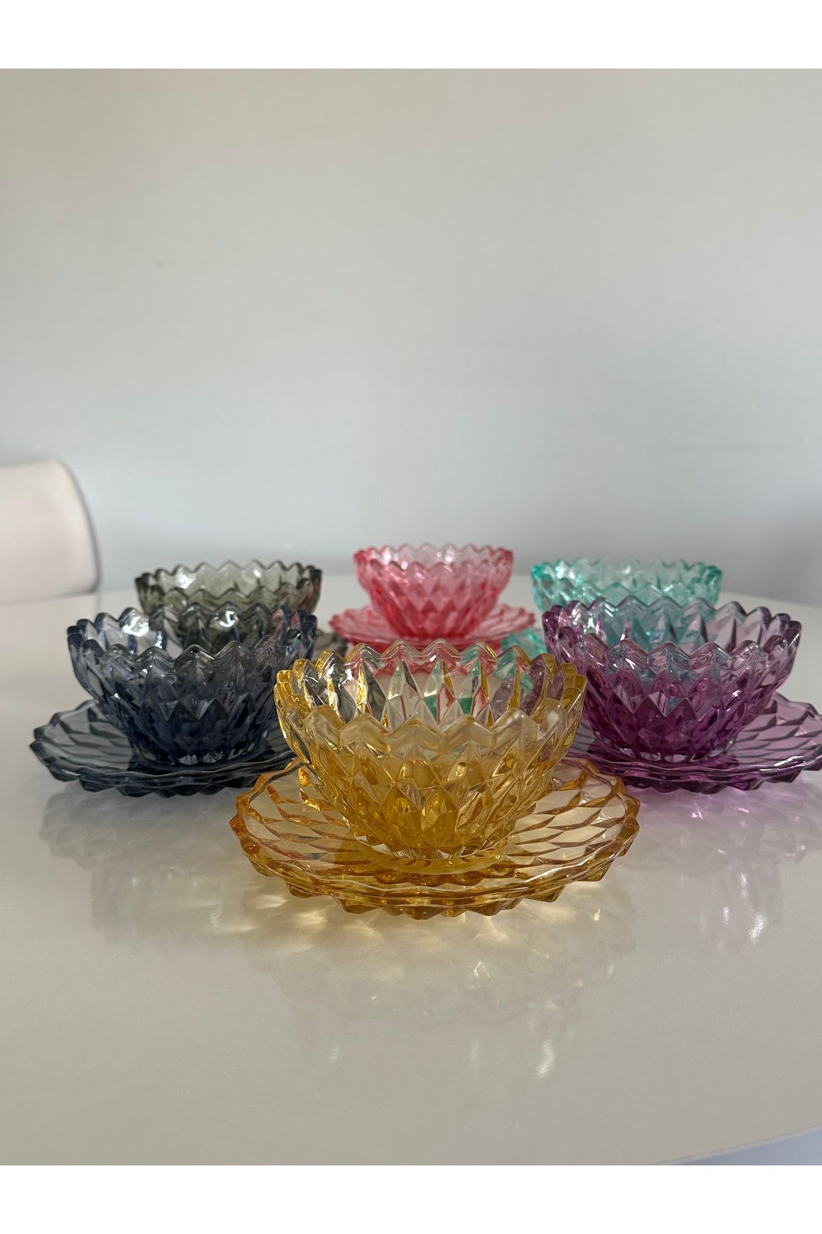 AHLE HOME renkli 6 Kişilik Kristal Cam Çerez Tatlı Tabağı Seti (12 Parça)