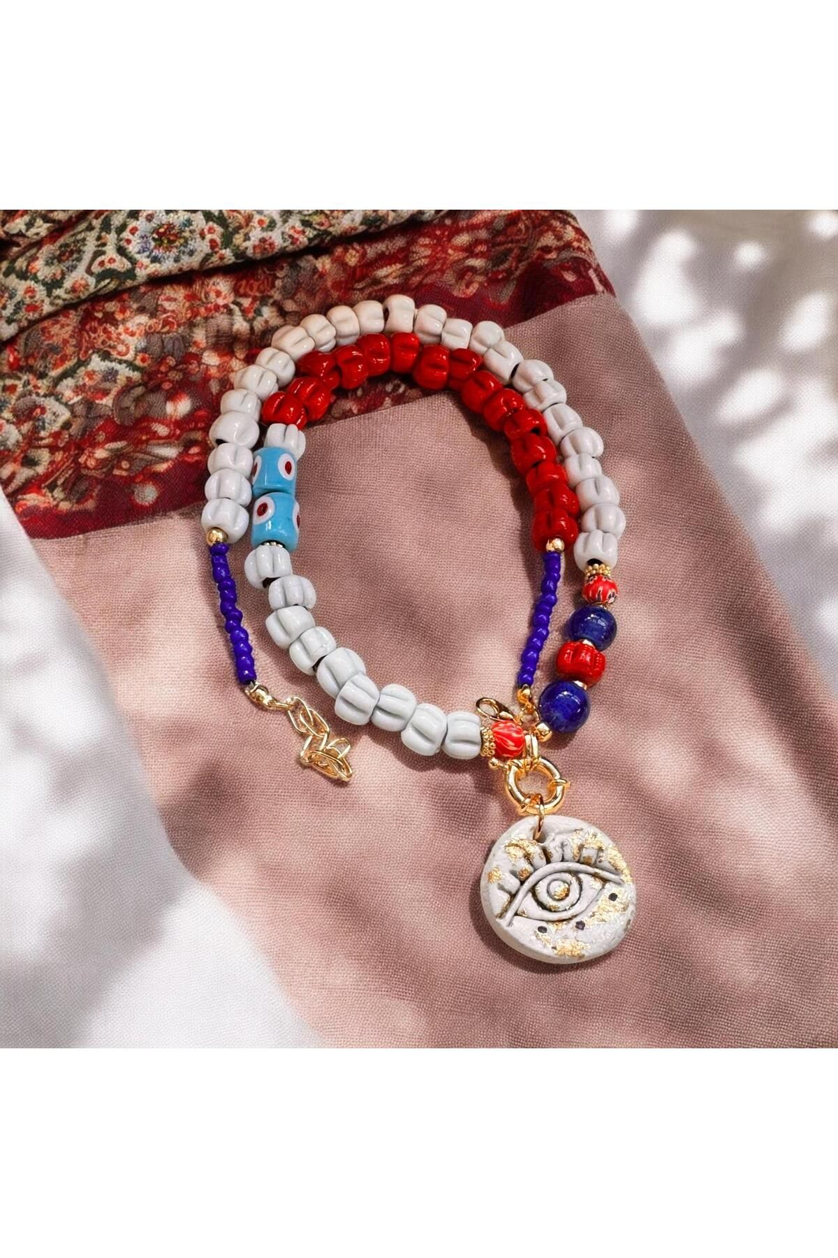 bizizmoda Bodrum Cam Boncuk El Yapımı Seramik Gold Göz Kolye Nazar Boncuk Mavi Kolye