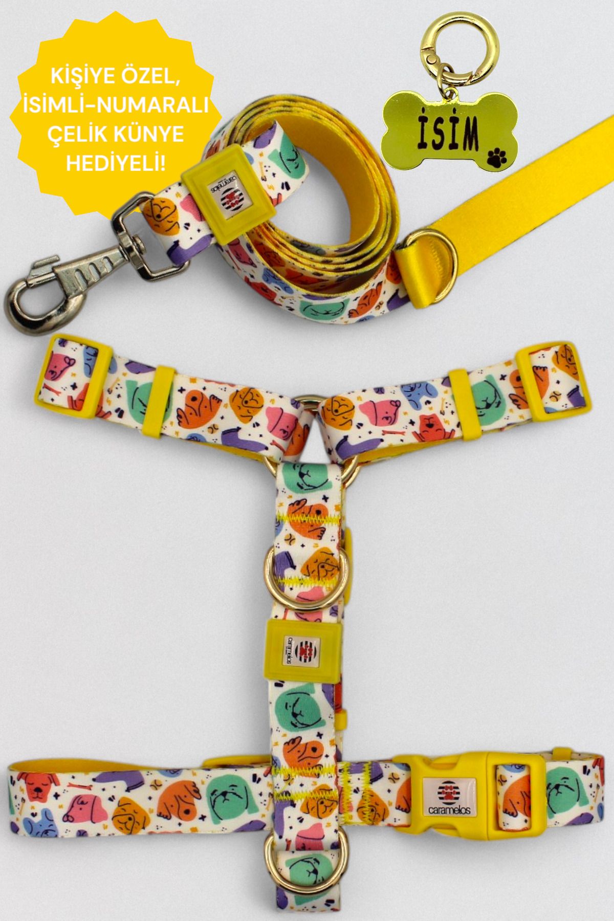CARAMELOS KÖPEK TASMA SETİ KİŞİYE ÖZEL İSİMLİ TASMA, H TİPİ TASMA ,GÖVDE+GEZDİRME TASMASI, KÖPEK KÜNYE