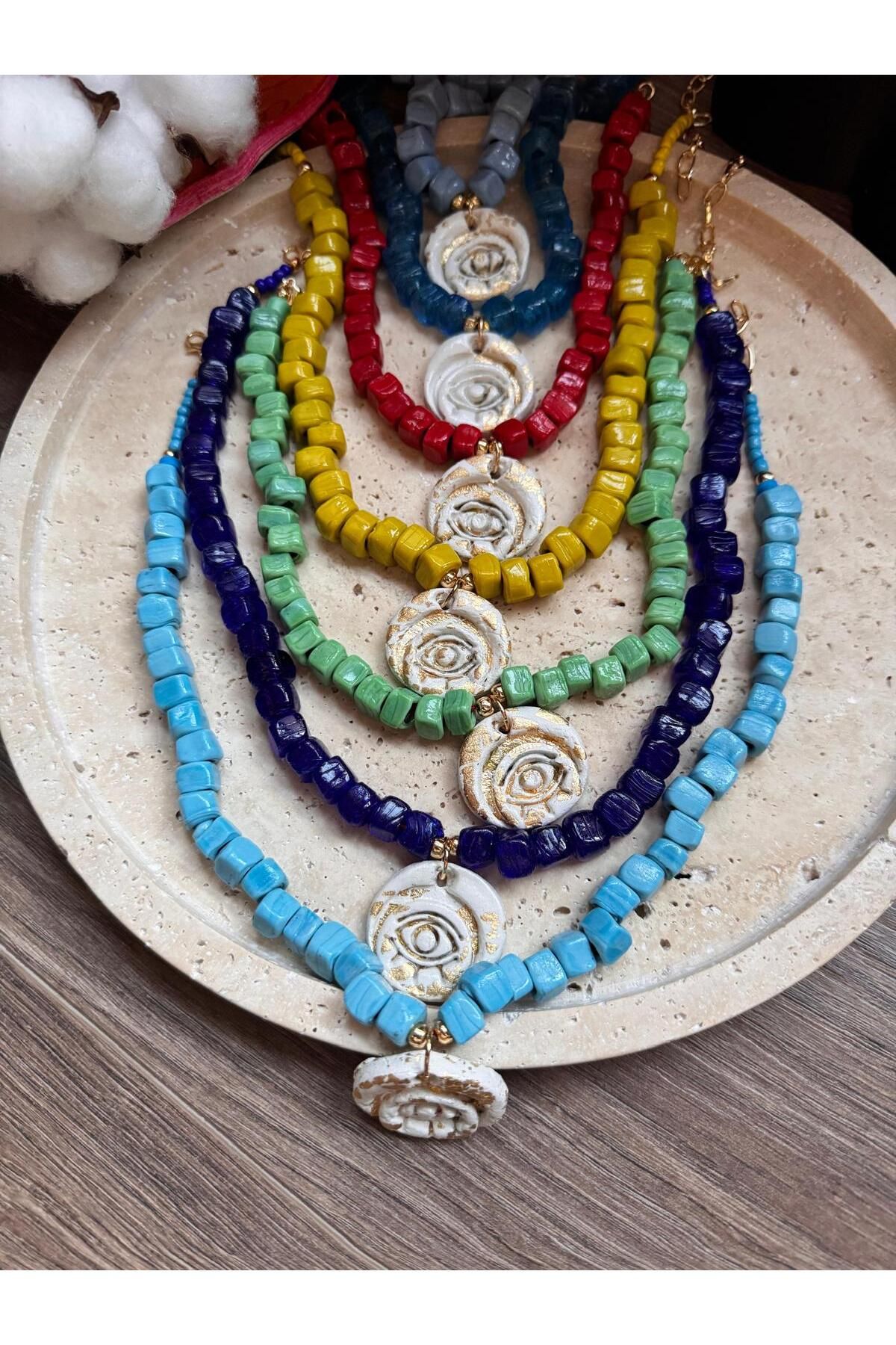 bizizmoda Bodrum Cam Boncuk El Yapımı Seramik Gold GözKolye Nazar Boncuk Mavi Kolye