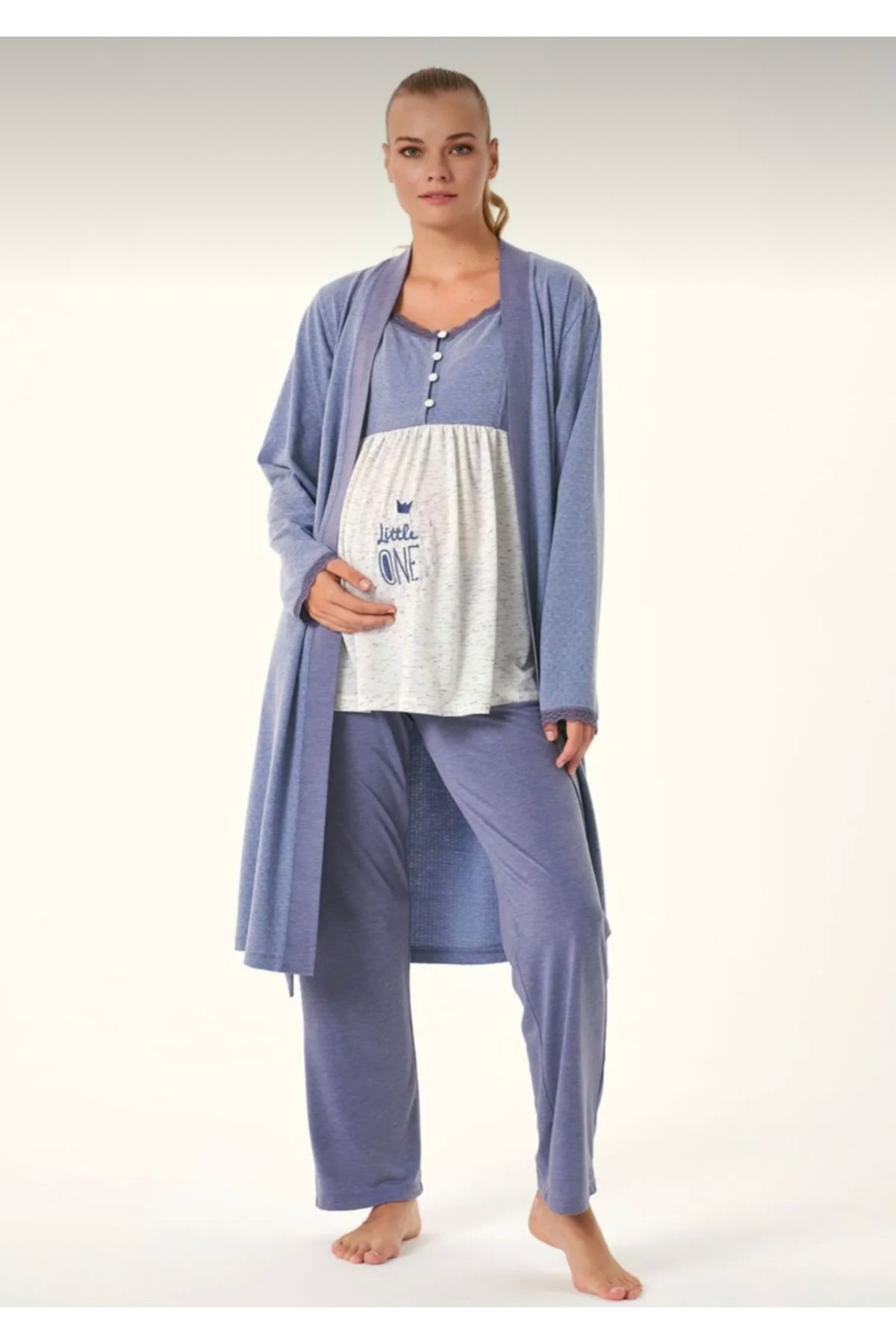 İpek Kadın Mavi Jakarlı Sabahlıklı Lohusa Pijama Takımı