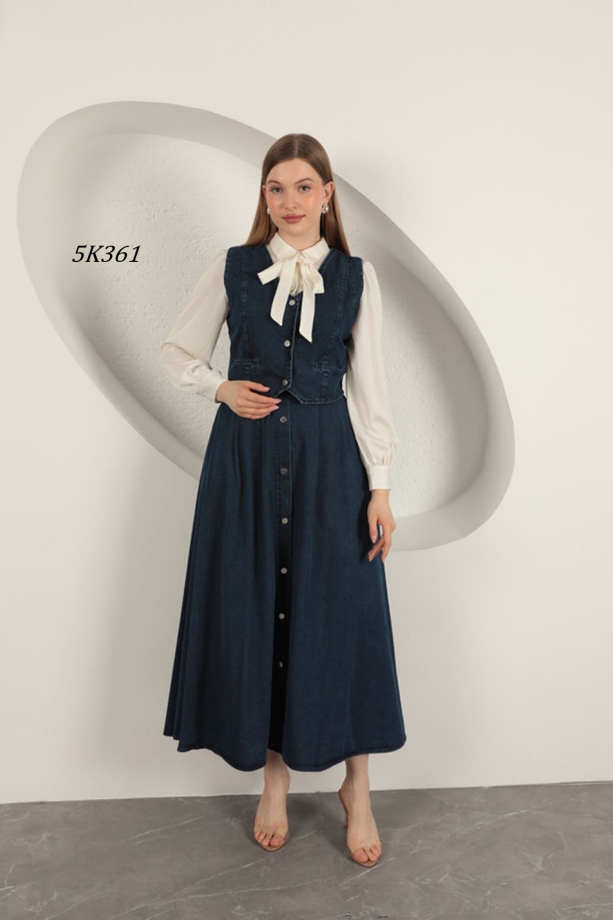 Remon Denim Kumaş Yelekli Takım Koyu Mavi 5K361