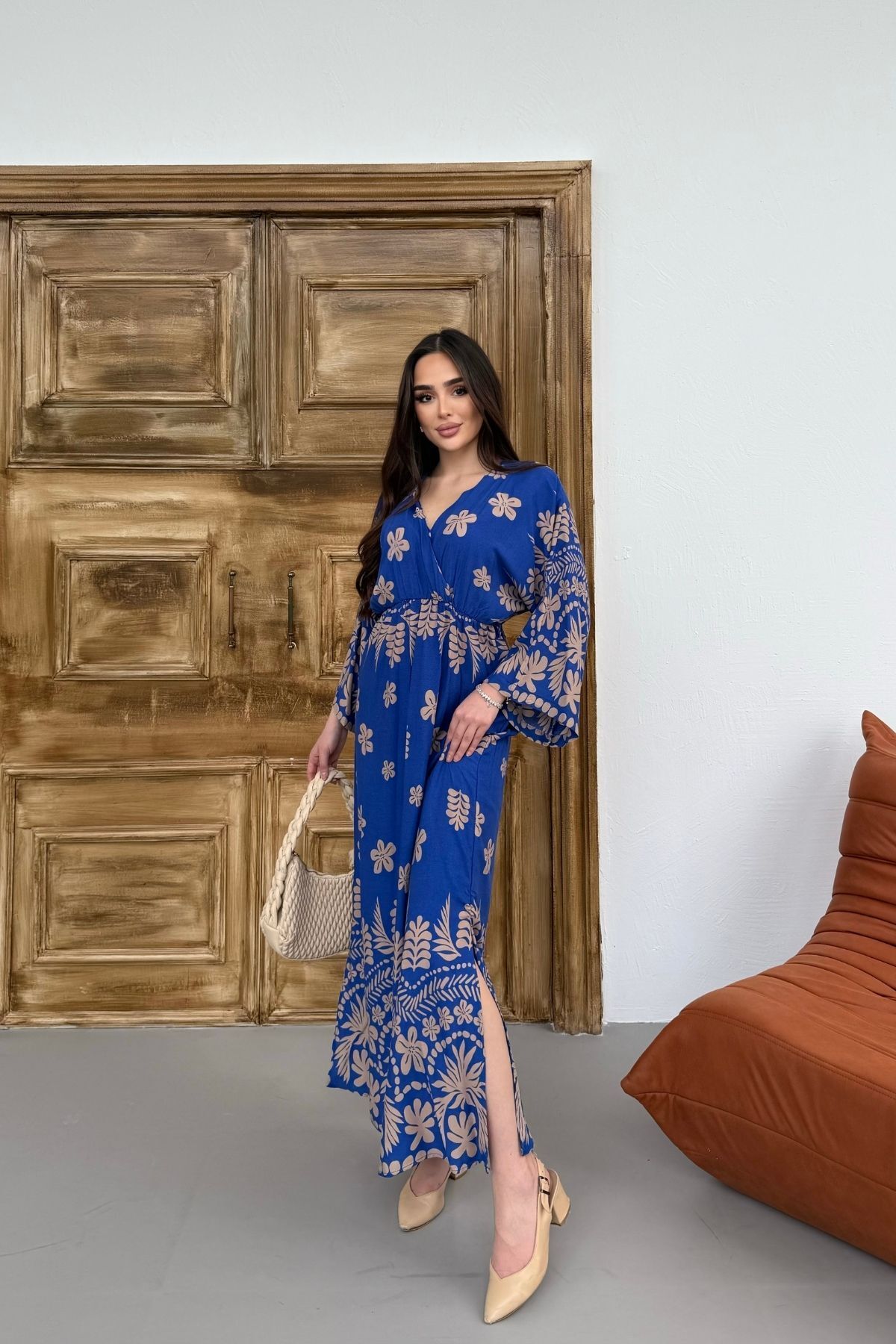 Mezka Çiçek Desenli Mavi Uzun Kollu Elbise