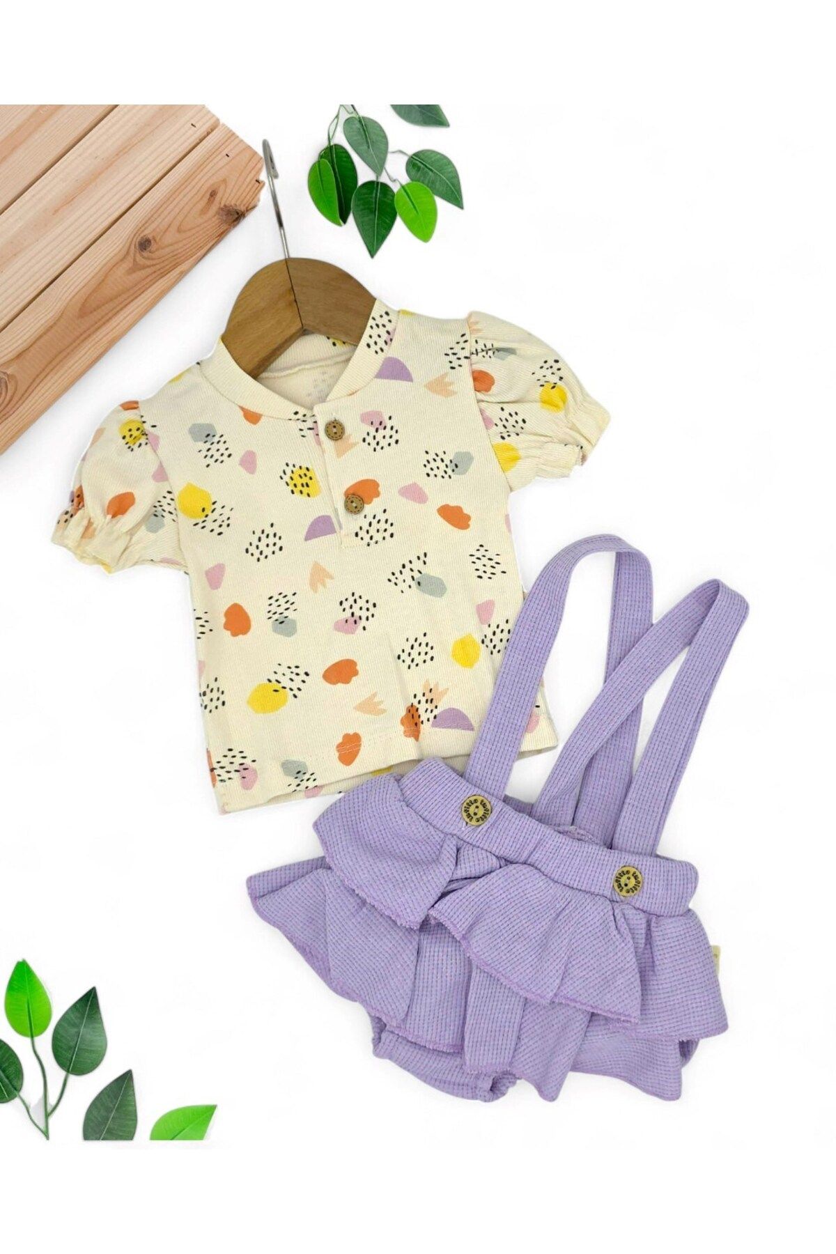 voyyo kids baby KIZ BEBEK YAZLIK KISA KOLLU FIRFIRLI 6-9-12-18 AY ROMPER BASKILI T-SHIRT VE SALOPETLİ TAKIM