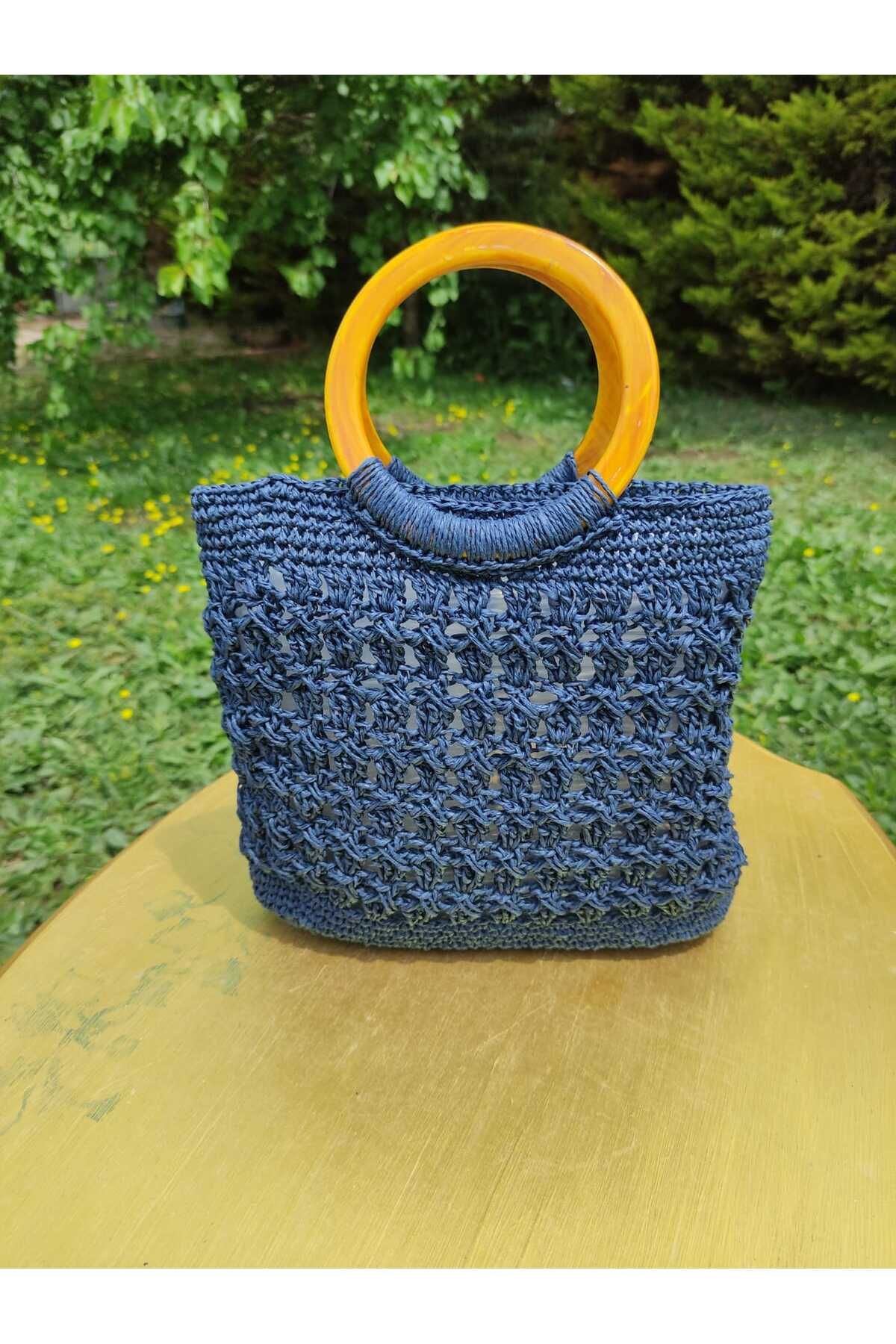MODA Hand Made Kağıt İp Ahşap Saplı Yazlık El Örgüsü Çanta 25x21 cm