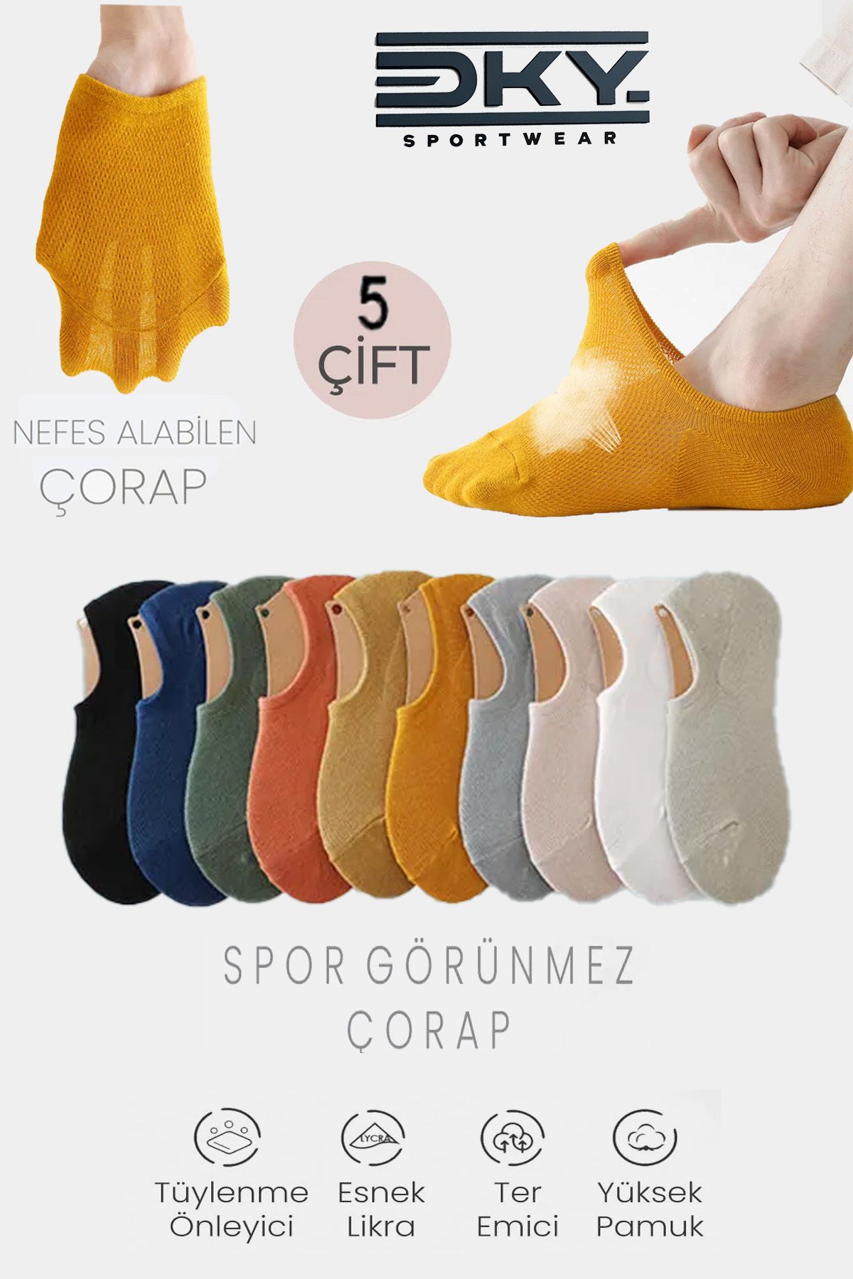 DKYSPORTWEAR 5 Çift Yazlık Spor Görünmez Unısex Spor Çorabı (Terletmez)