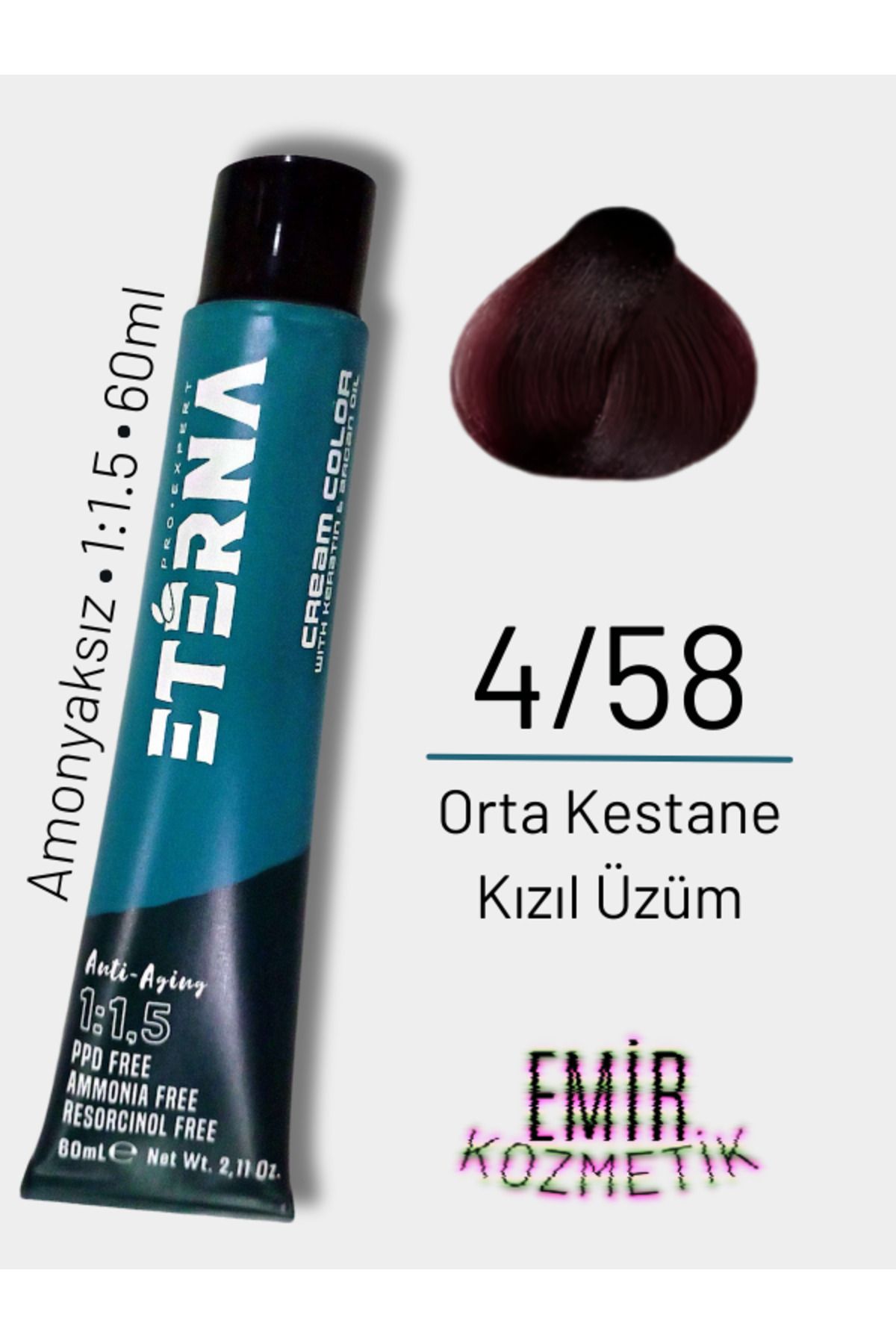 ETERNA Amonyaksız Doğal Saç Boyası - 4/58 Orta Kestane Kızıl Üzüm