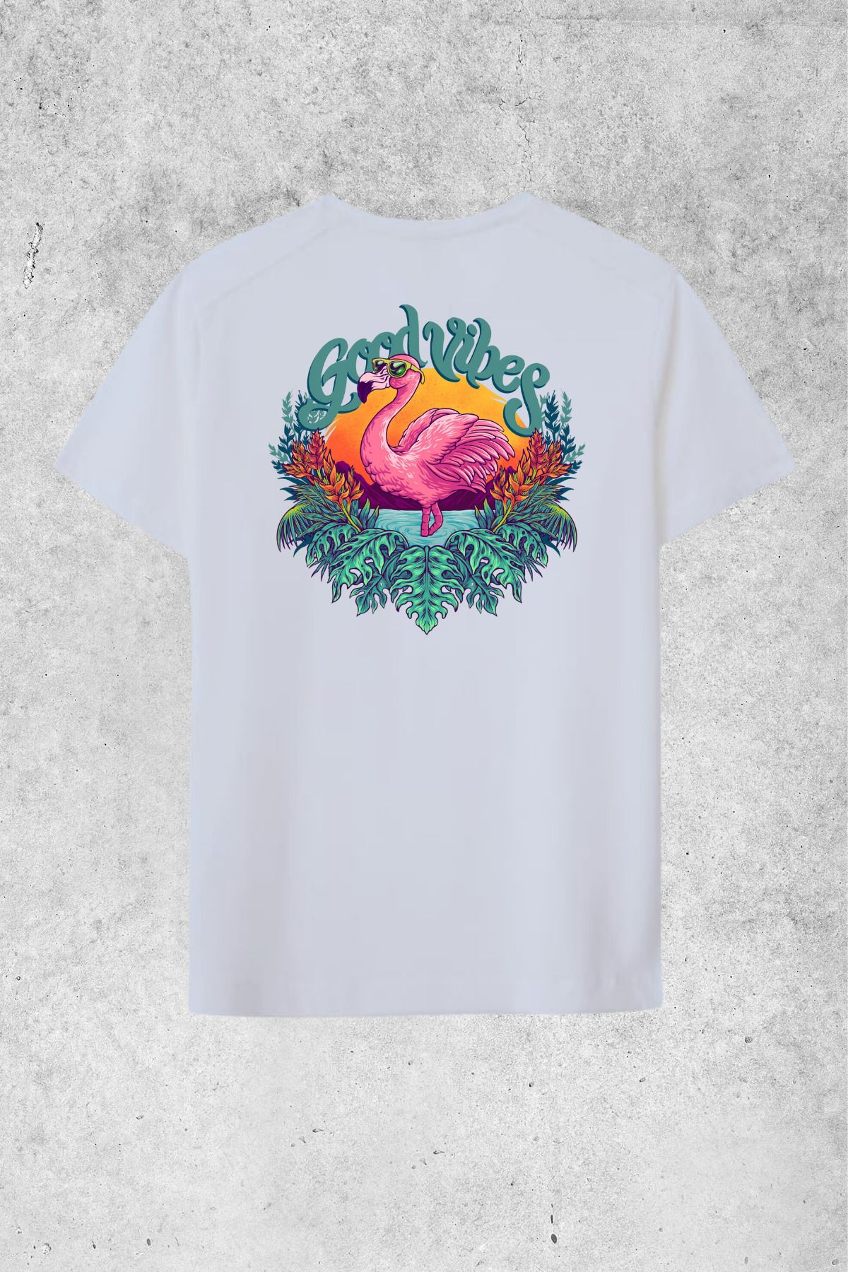 MOLICO basic unisex sıfır yaka kısa kollu FLAMİNGO DESENLİ SIRT BASKILI OVERSİZE Tshirt