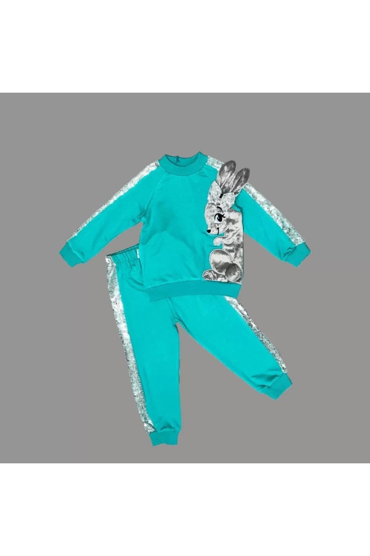 luz&pos 1-2-3 Yaş Payetli Pelüş Tavşan Desenli Likra Penye Kumaş Sweat Pantolonlu Kız 2li Çocuk Takımı Mint