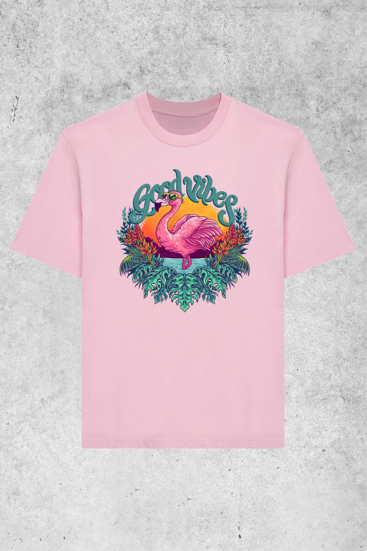 MOLICO basic unisex sıfır yaka kısa kollu FLAMİNGO BASKILI Tshirt
