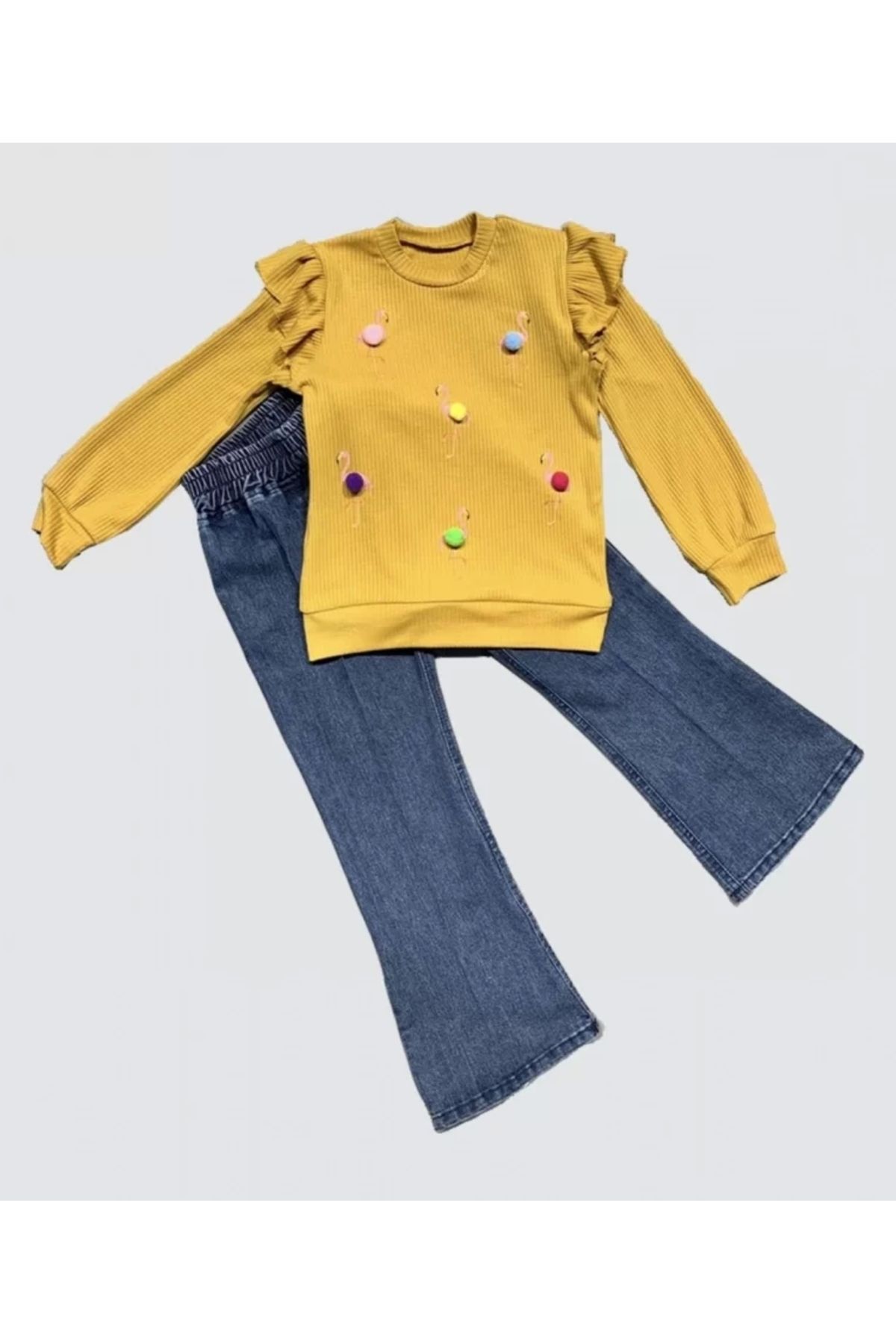 luz&pos 4-5-6 Yaş Kot Pantolonlu Flamingo Desenli Penye Sweat Uzun Kollu 2li Kız Çocuk Takımı Hardal