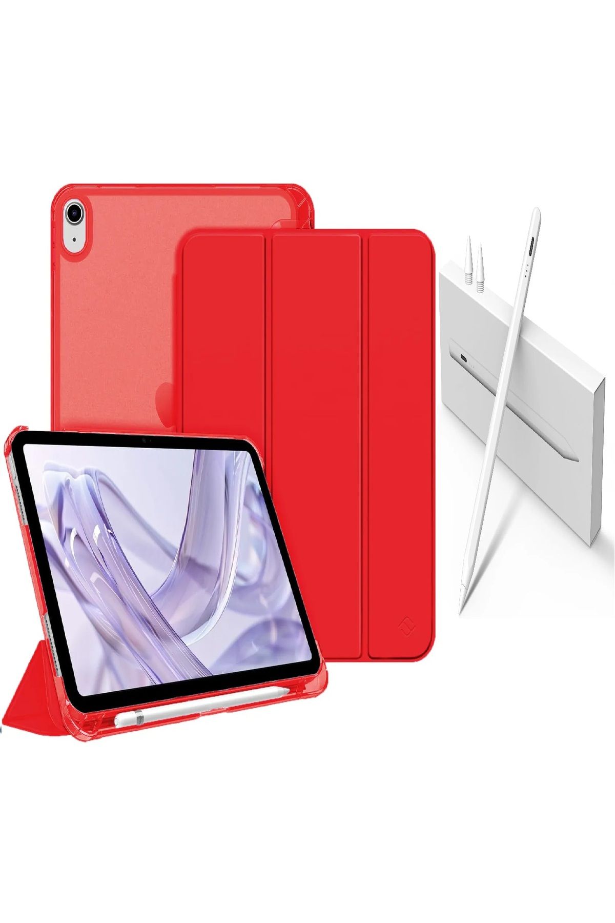 Covpor Apple iPad 10.NESİL 10.9 ve 11. NESİL A16 Uyumlu Flip Kılıf Kırmızı + Pencil(Kalem)