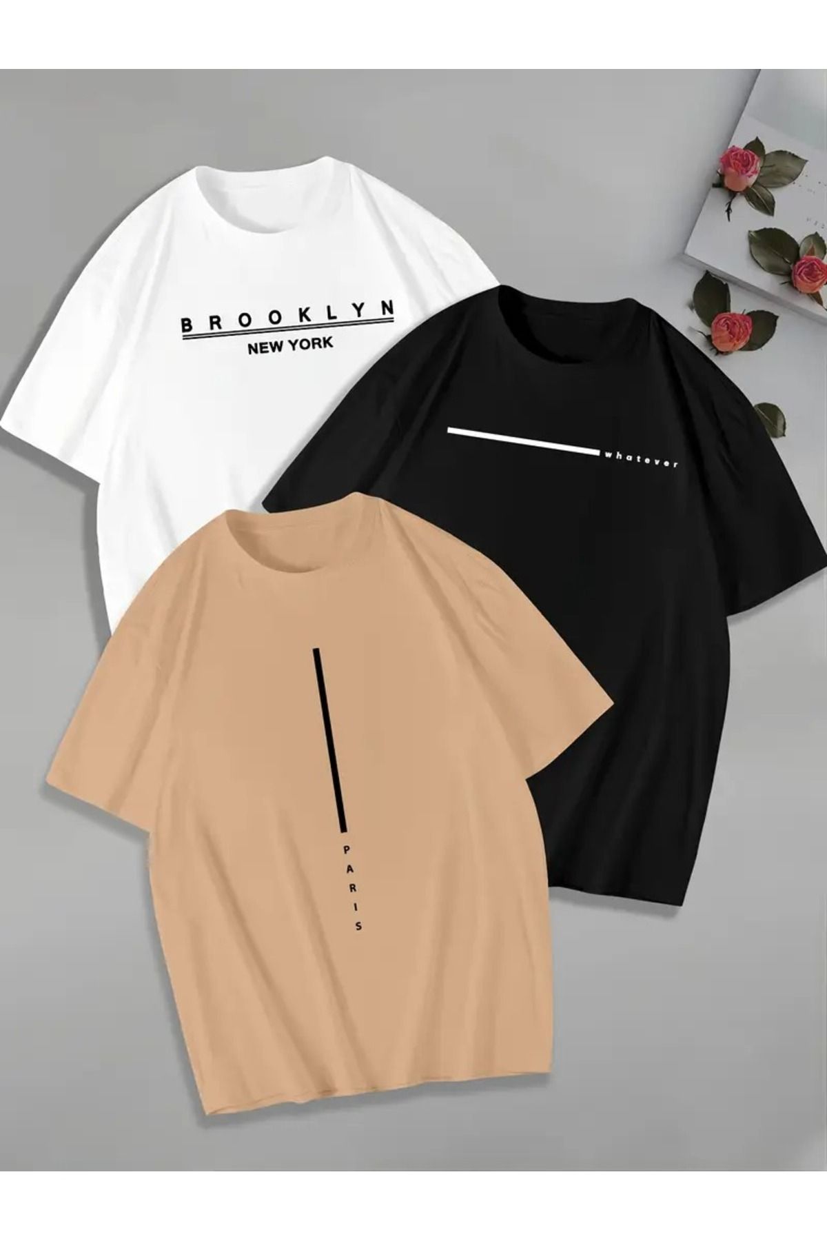 PAVRO Unisex Tshrt Pavro rahat kesim 3 lü karışık baskılı renkli çoklu renkli kaliteli tshrt