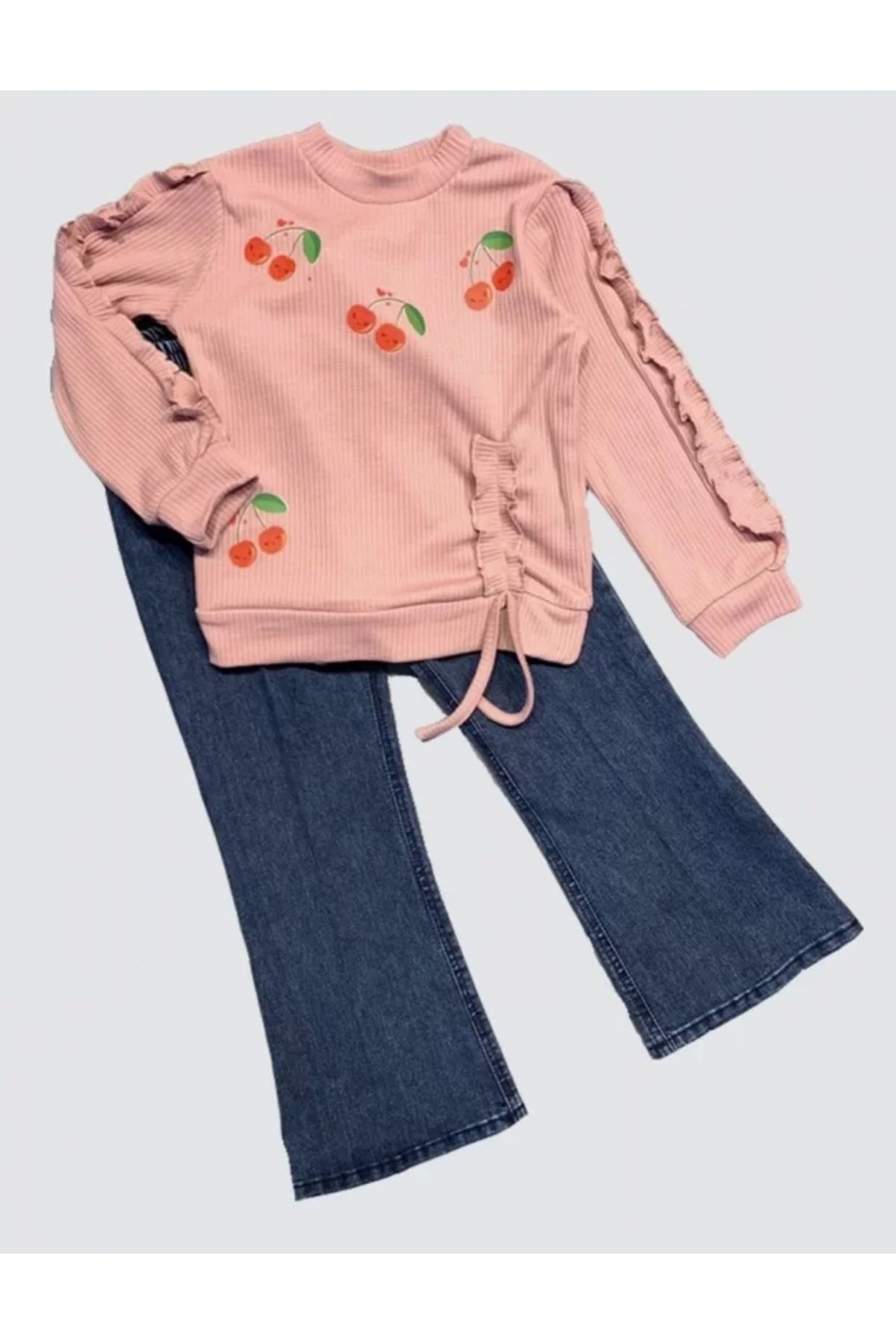 luz&pos 4-5-6 Yaş Kot Pantolonlu Kiraz Desenli Penye Sweat Uzun Kollu 2li Kız Çocuk Takımı Gül Kurusu