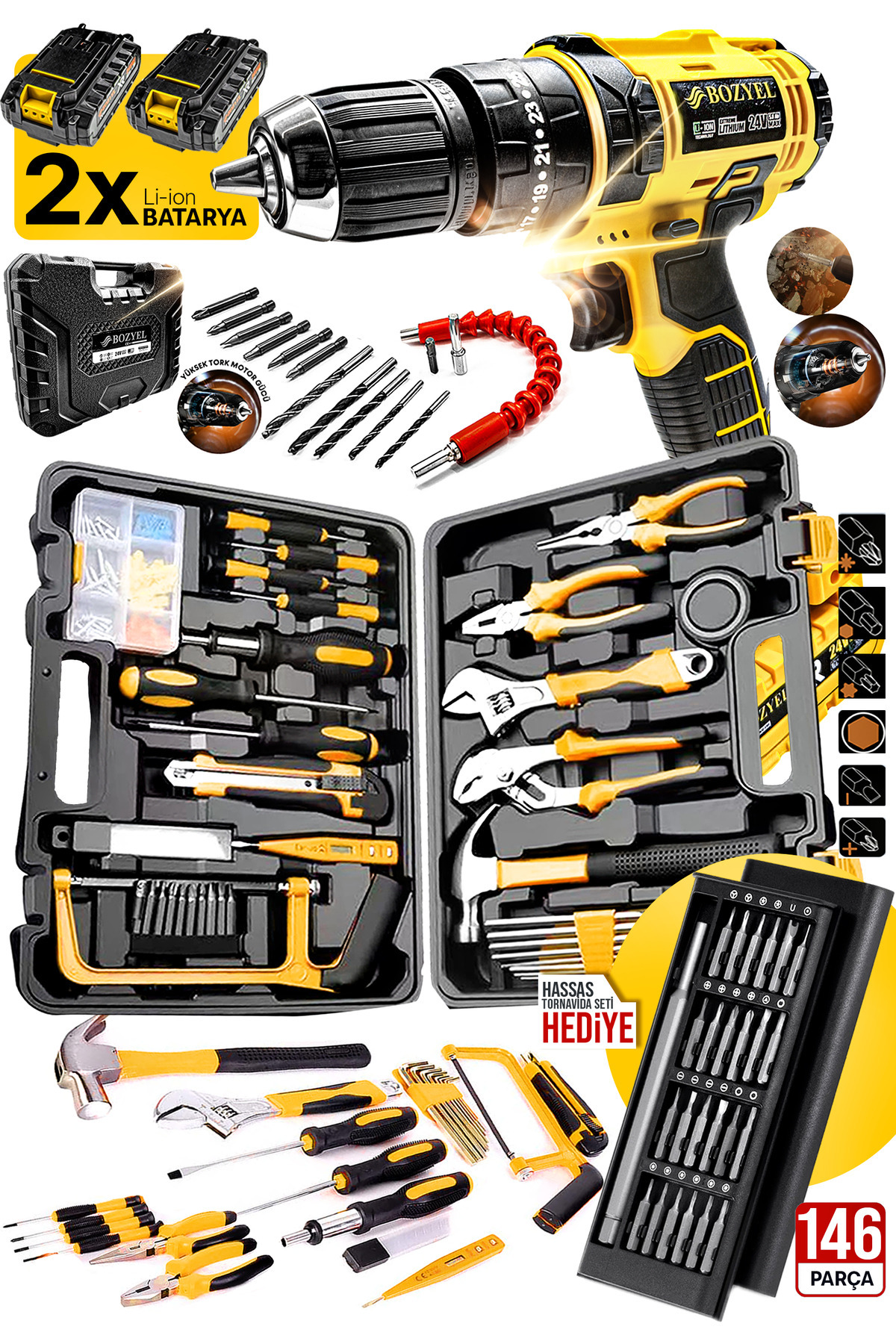 PROXTECH Premium 146 Parça Takım Seti 2 Akülü Matkap, Tornavida, Pense, Lokma, Çekiç, Hassas Tornavida Set