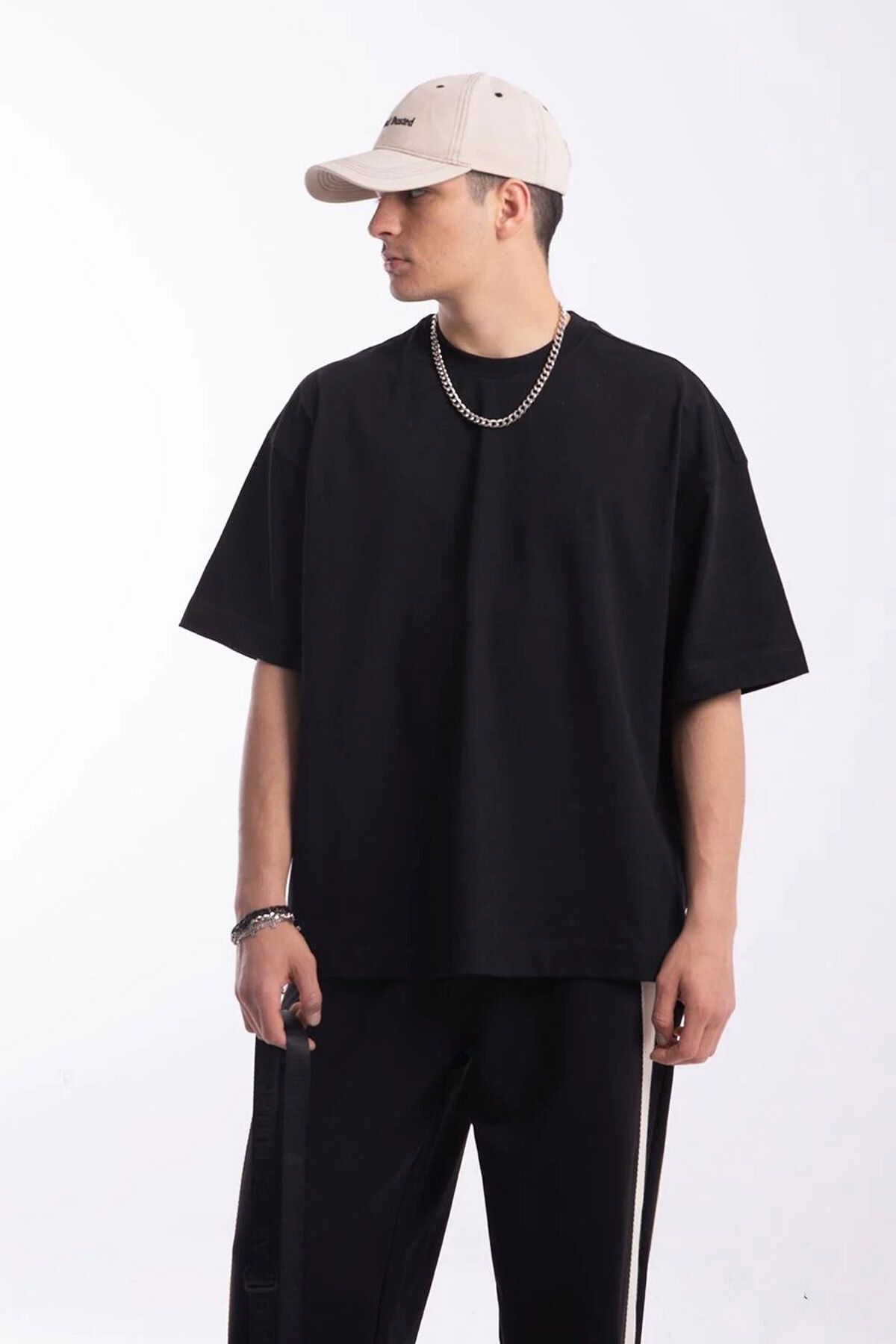 MEYASU Unisex Siyah Oversize Bisiklet Yaka T-Shirt