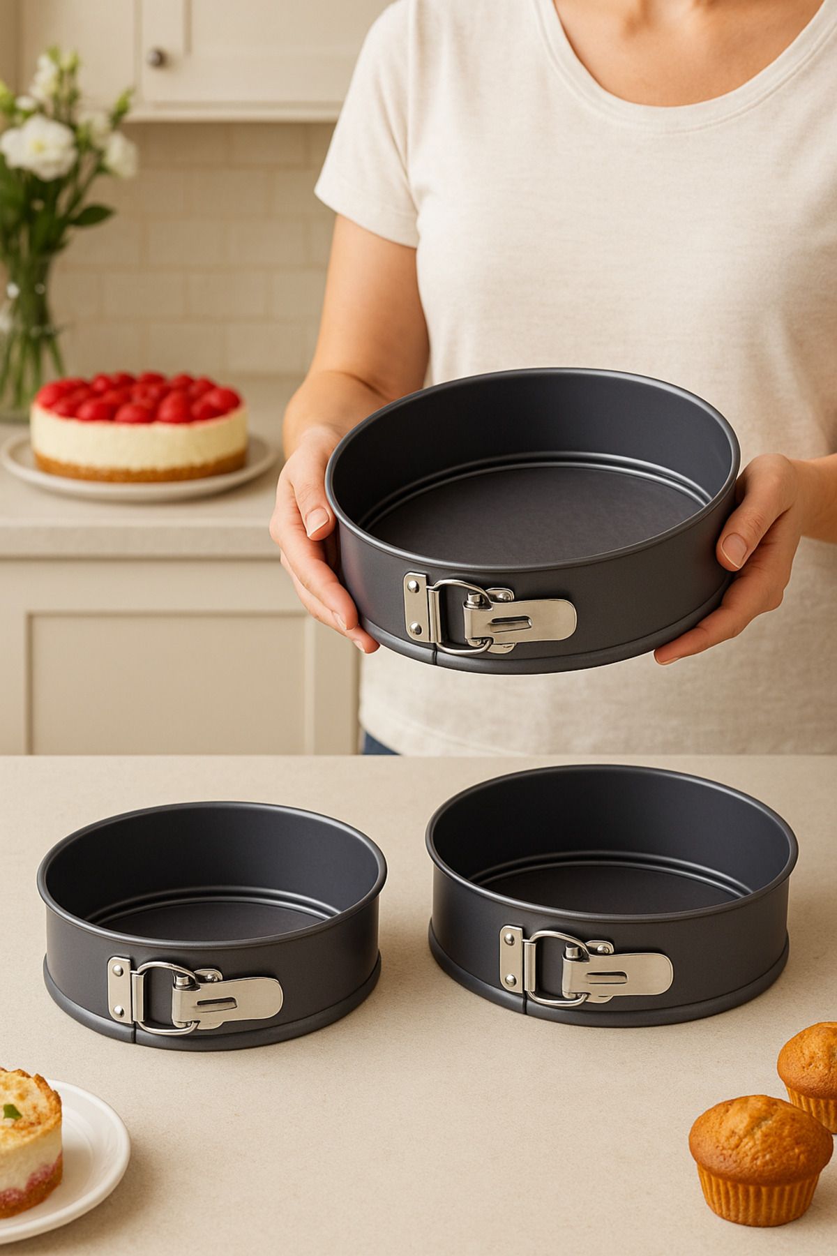 Ülgenev 3'lü Set Karbon Çelik Kelepçeli Kek Kalıbı – 24, 26, 28 CM Yapışmaz, Dayanıklı, Fırında Kullanım