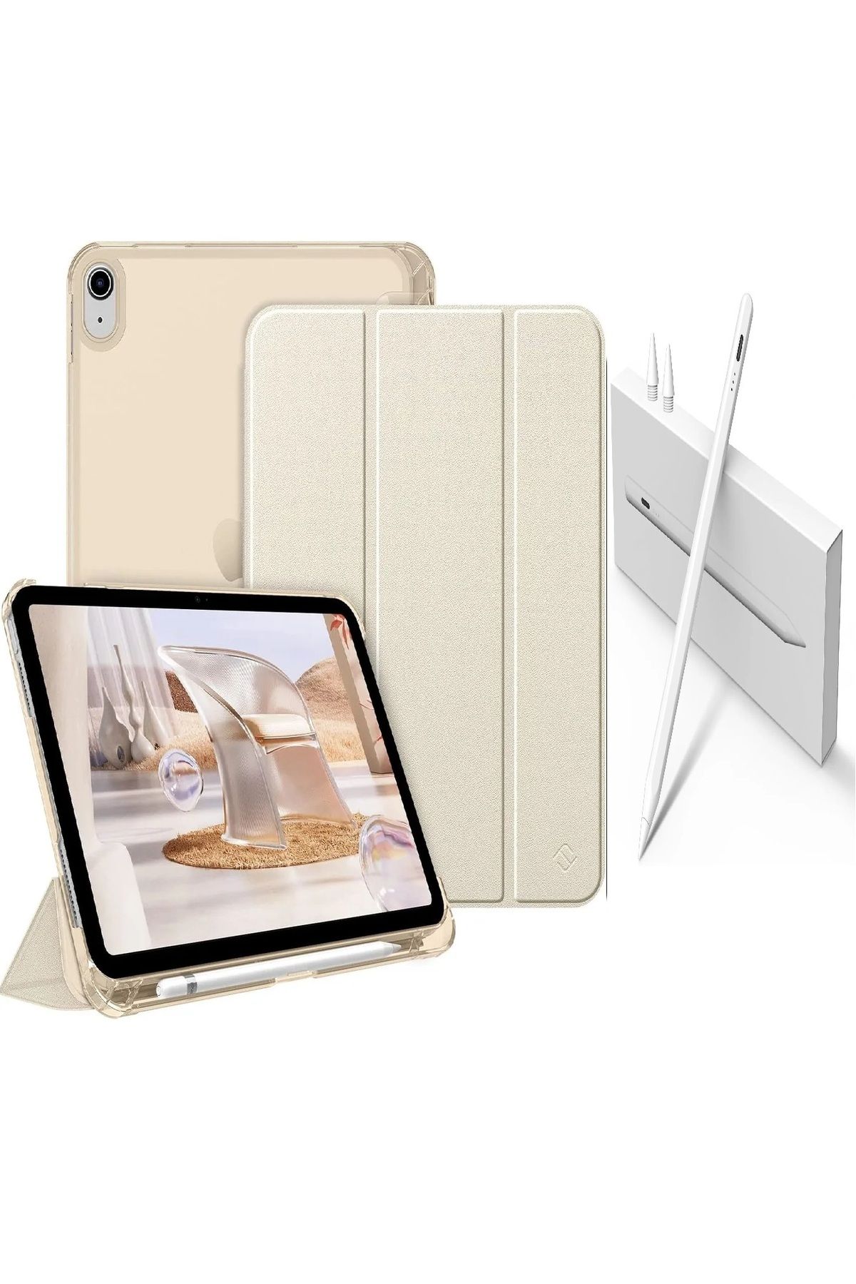 Covpor Apple iPad 10.NESİL 10.9 ve 11. NESİL A16 Uyumlu Flip Kılıf Gold + Pencil(Kalem)