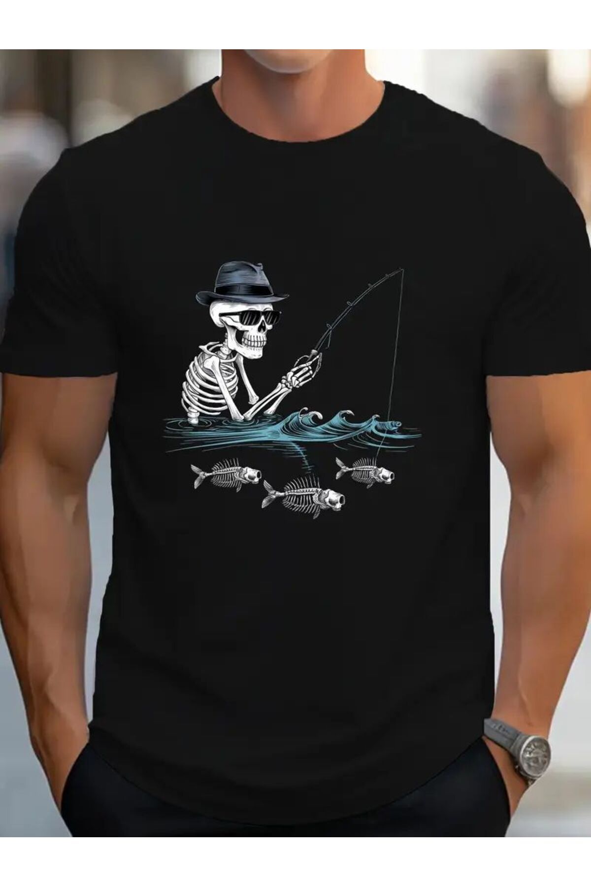 ship master Kafatası Balıkçılık Baskılı Erkek Tişört – Yazlık, Pamuklu, Rahat, Kısa Kollu
