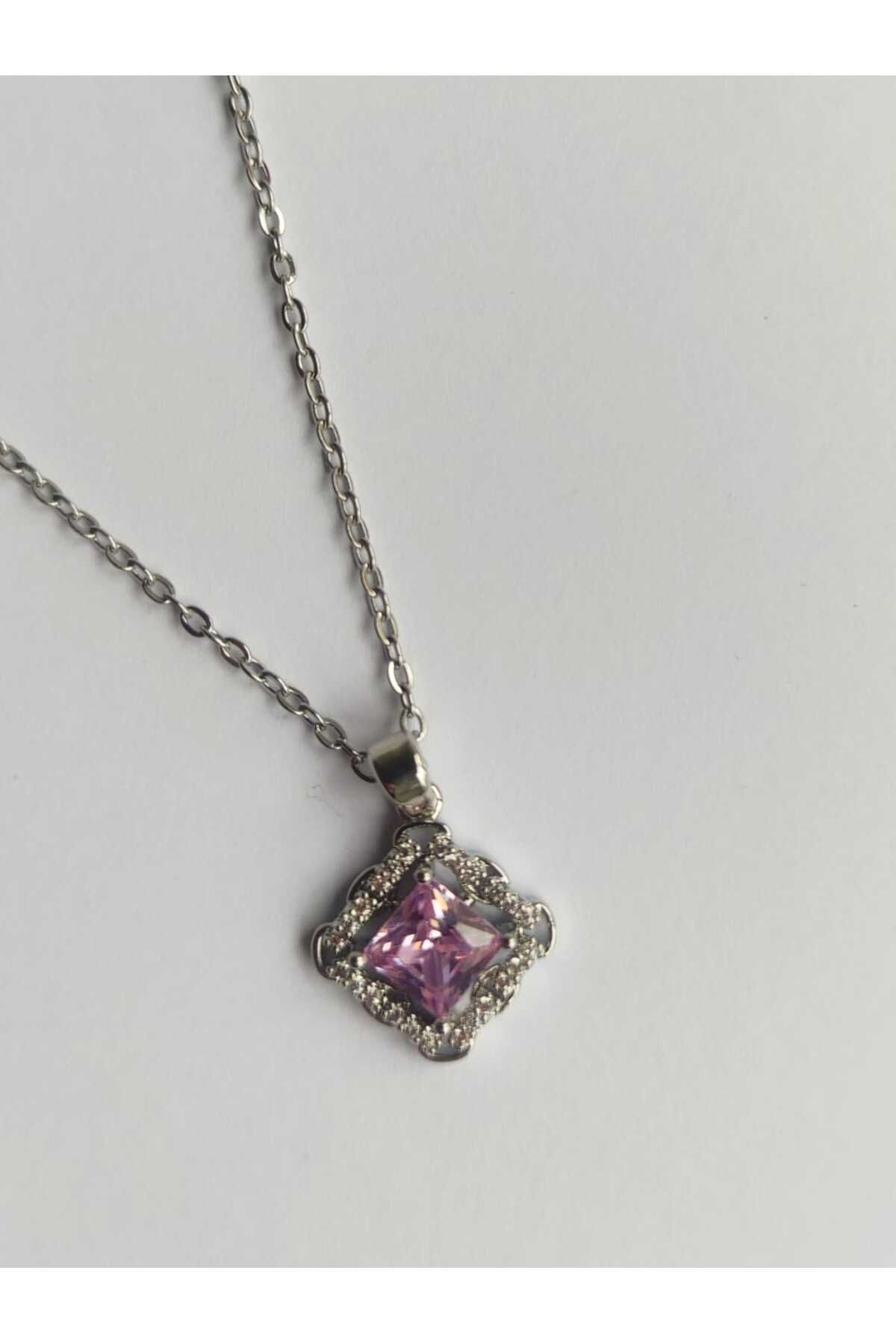 MoS JEWELLERY Mor Taşlı Kare Kolye - Paslanmaz Çelik