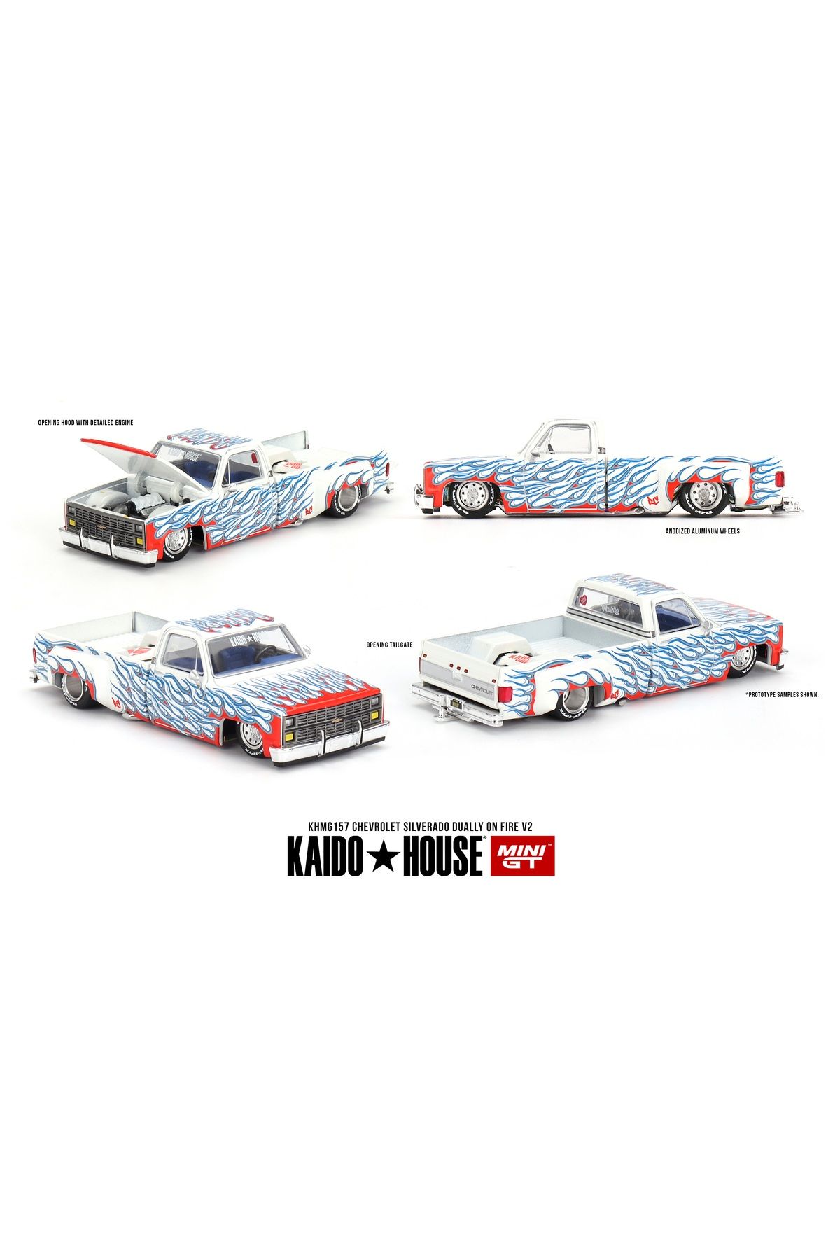 mini gt x Kaido 157 1/64 Chevrolet Silverado Dually on Fire V2