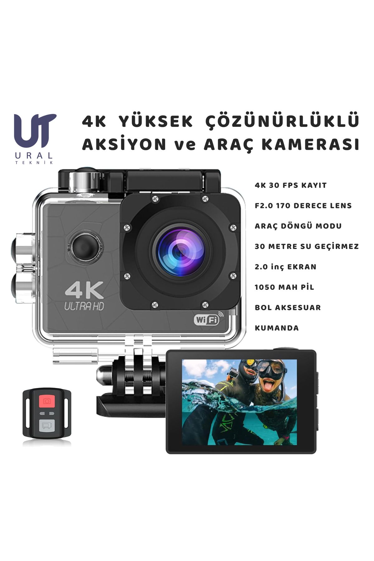 UralTeknik Gerçek 4K Wifi 170° Aksiyon Kamerası Kask Motorsiklet Bisiklet 30m Su Geçirmez Deniz Ultra Sporlar