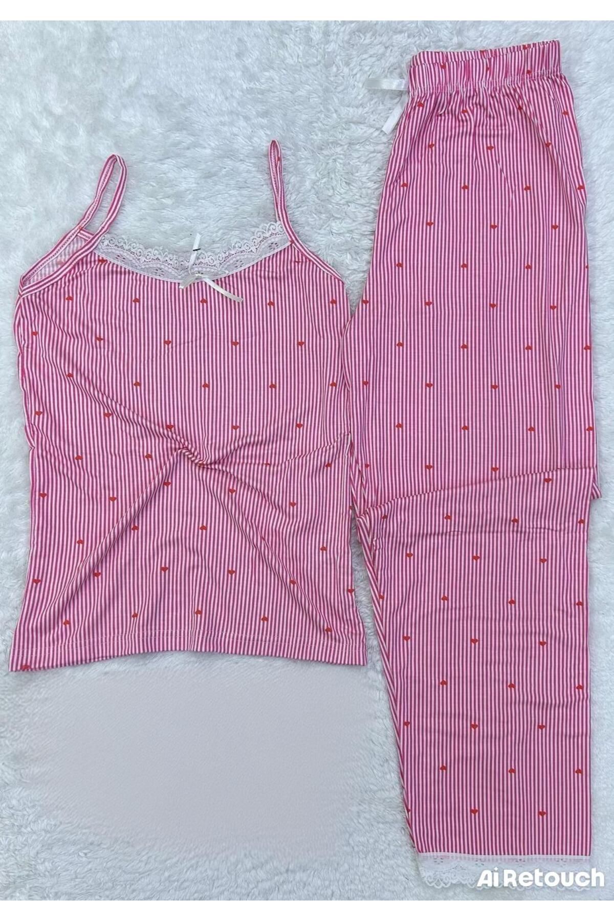XORVİO Kadın Pamuk İp Askılı Gecelik Pijama Takım Dantel Detaylı Şık Desen Cotton Yazlık Yumuşacık Pamuk