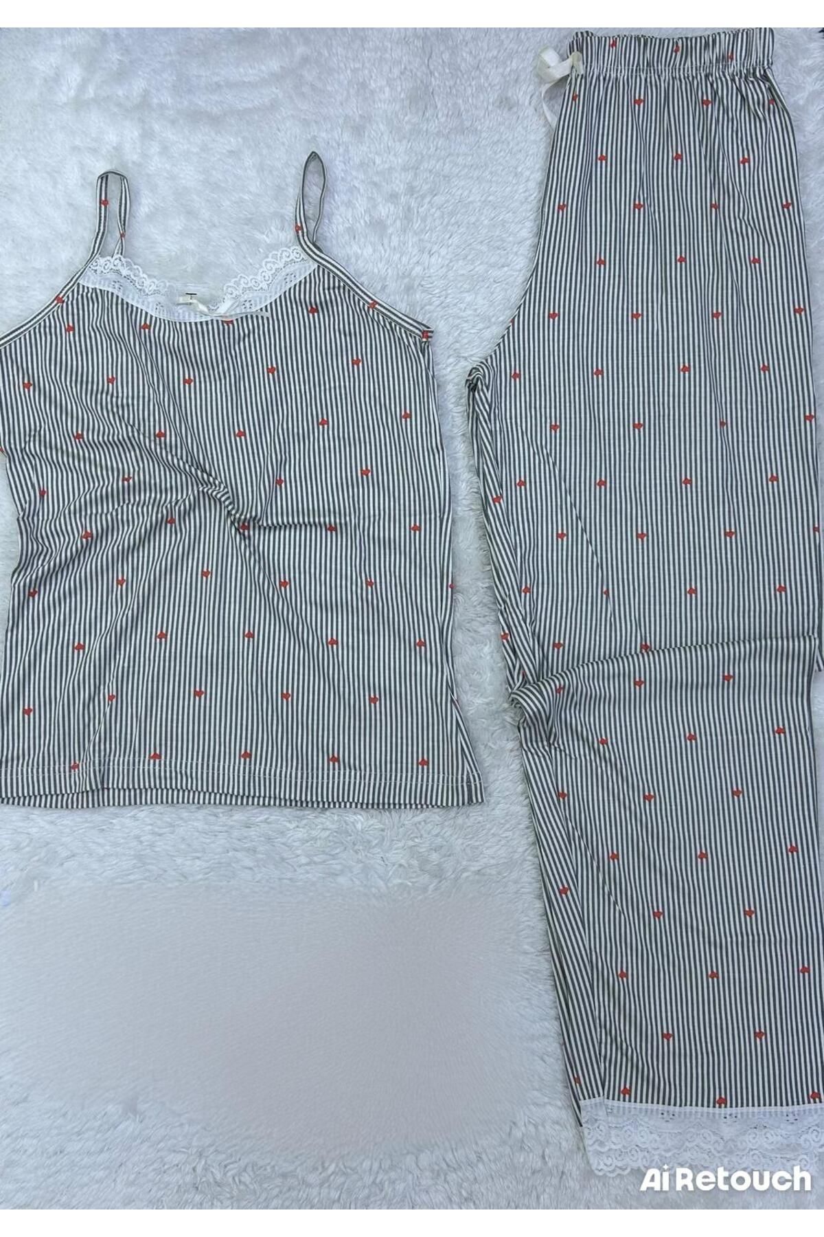 XORVİO Kadın Pamuk İp Askılı Gecelik Pijama Takım Dantel Detaylı Şık Desen Cotton Yazlık Yumuşacık Pamuk