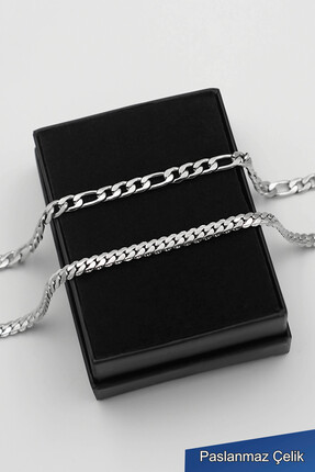 TREND COLLECTİON 316L Çelik Kararmaz Gümüş Figaro ve Urban Erkek Bileklik (2 ...