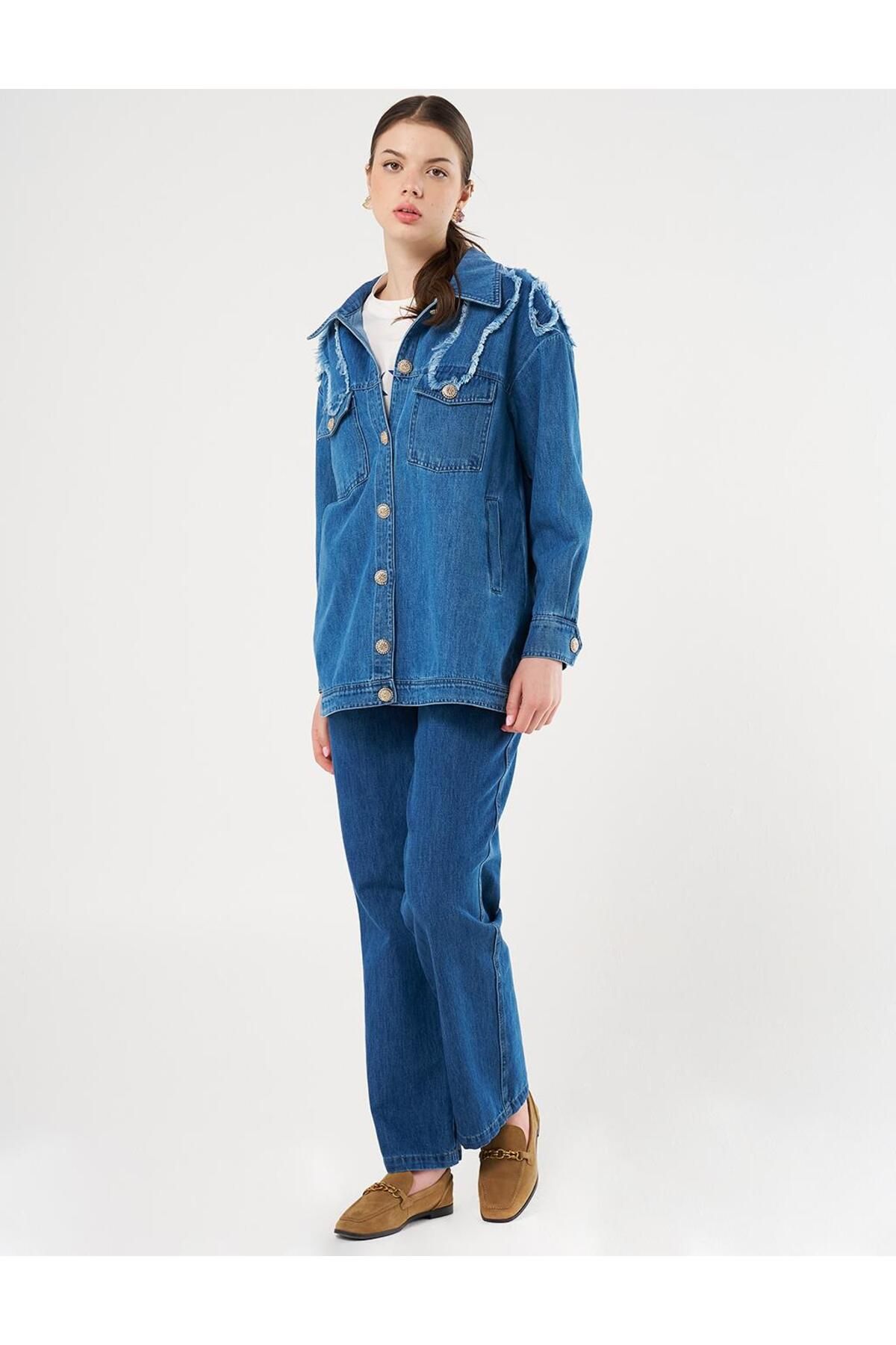 Kayra Aplikeli Denim Ceket İndigo