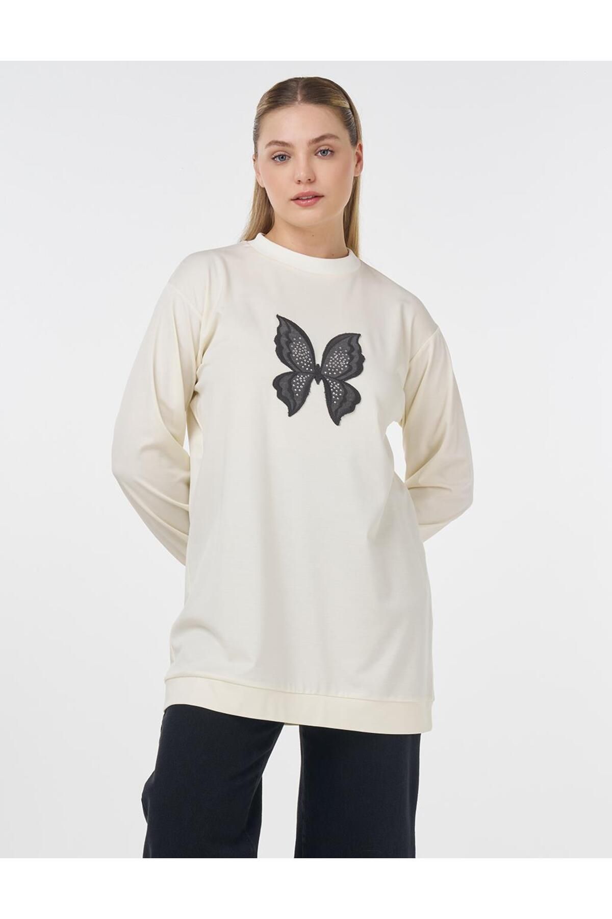Kayra Kelebek Nakışlı Sweatshirt Ekru