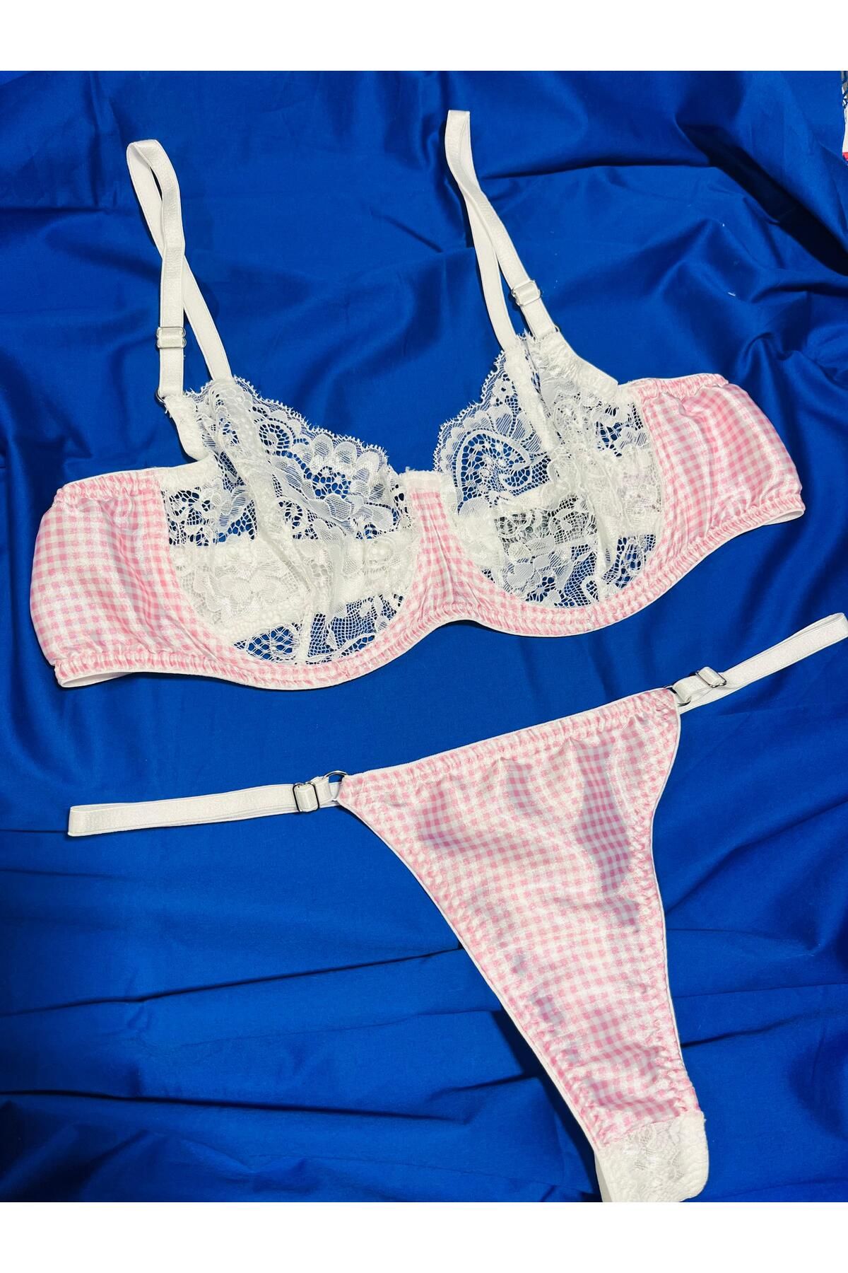 mendoza store Piti Kareli Pembe Tanga Külotlu Mikro Sütyen Takım