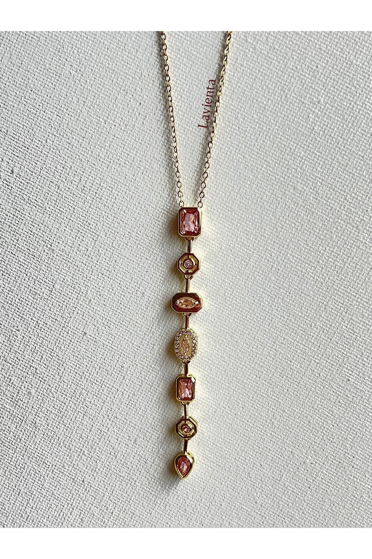Lavienta Gümüş & Gold Pembe Zirkon Taşlı Çelik Y Kolye