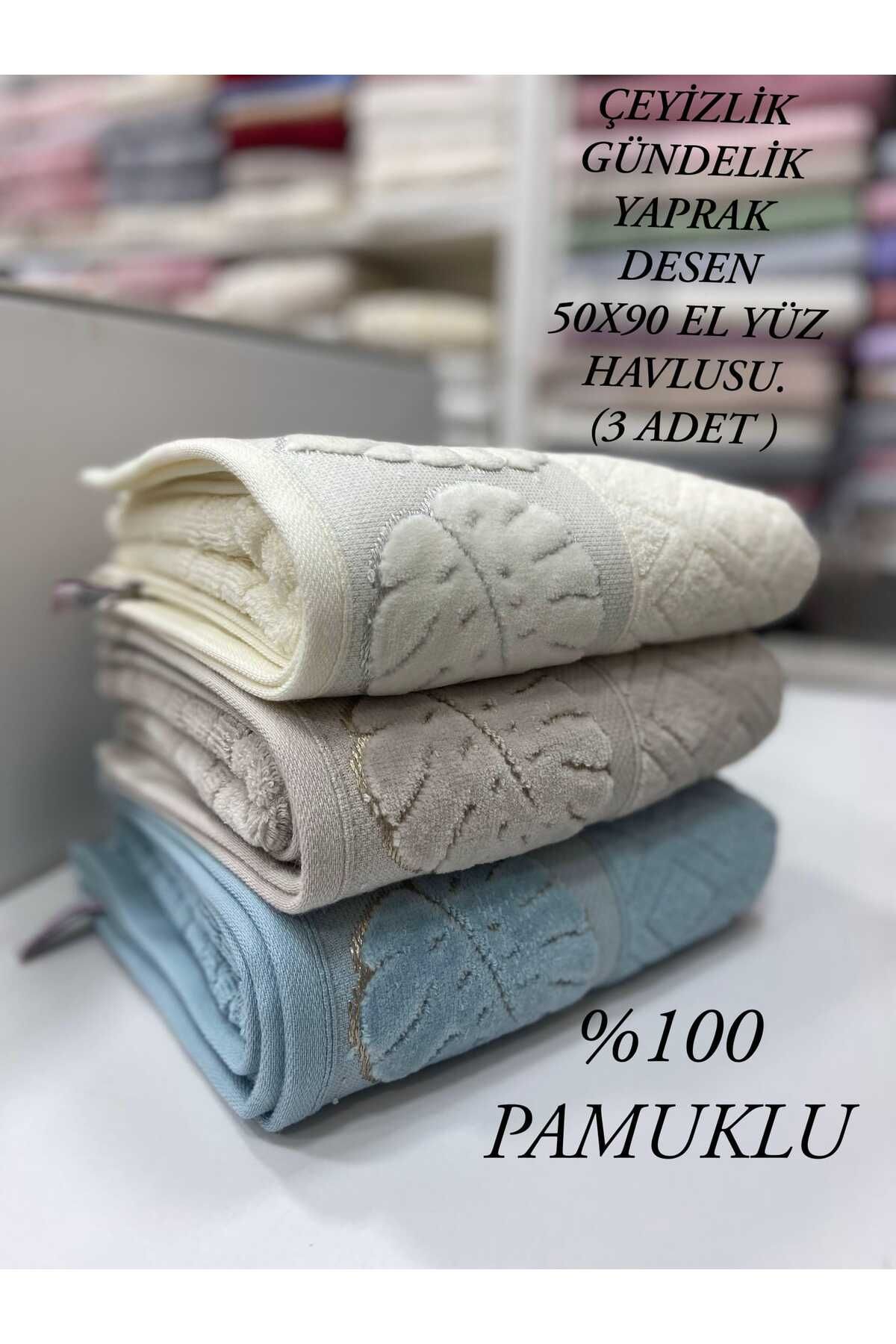 HMZ TEKSTİL GÜNDELİK ÇEYİZLİK YAPRAK DESENLİ PAMUKLU 3 ADET EL YÜZ HAVLUSU
