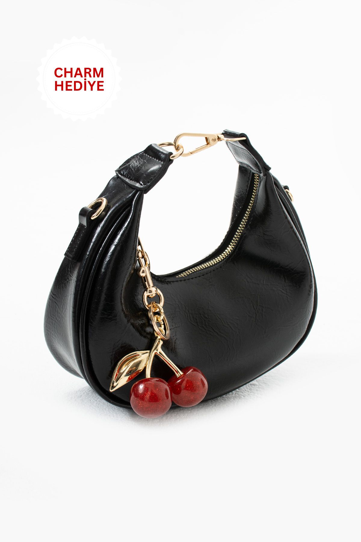 NBİBAGS Betty Model Siyah Rugan Charm Hediyeli Kadın El Ve Omuz Çantası