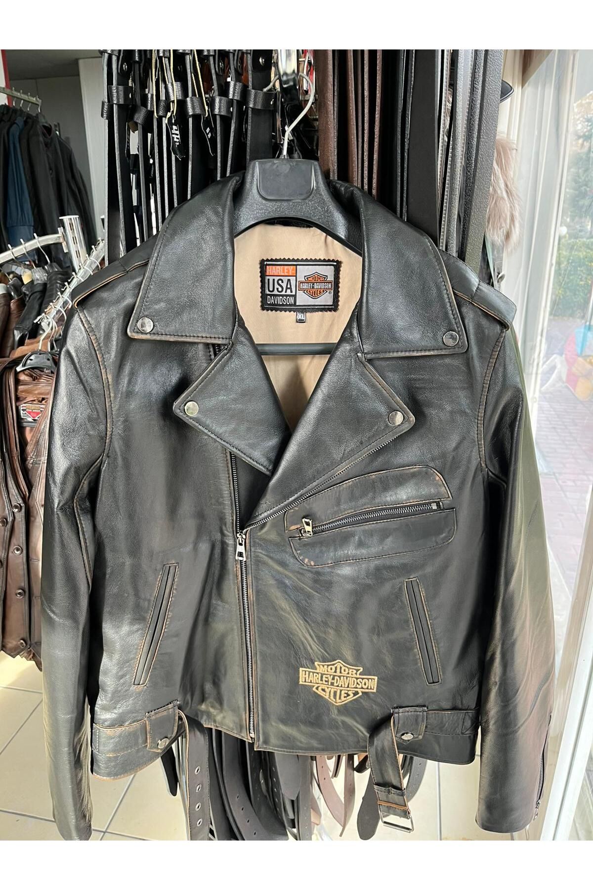 NYC GİYİM TEKSTİL Vintage Tarz Hakiki Deri Motosiklet Montlar, Koyun Derisi, Eskitme Tasarım, Orta Kalınlık