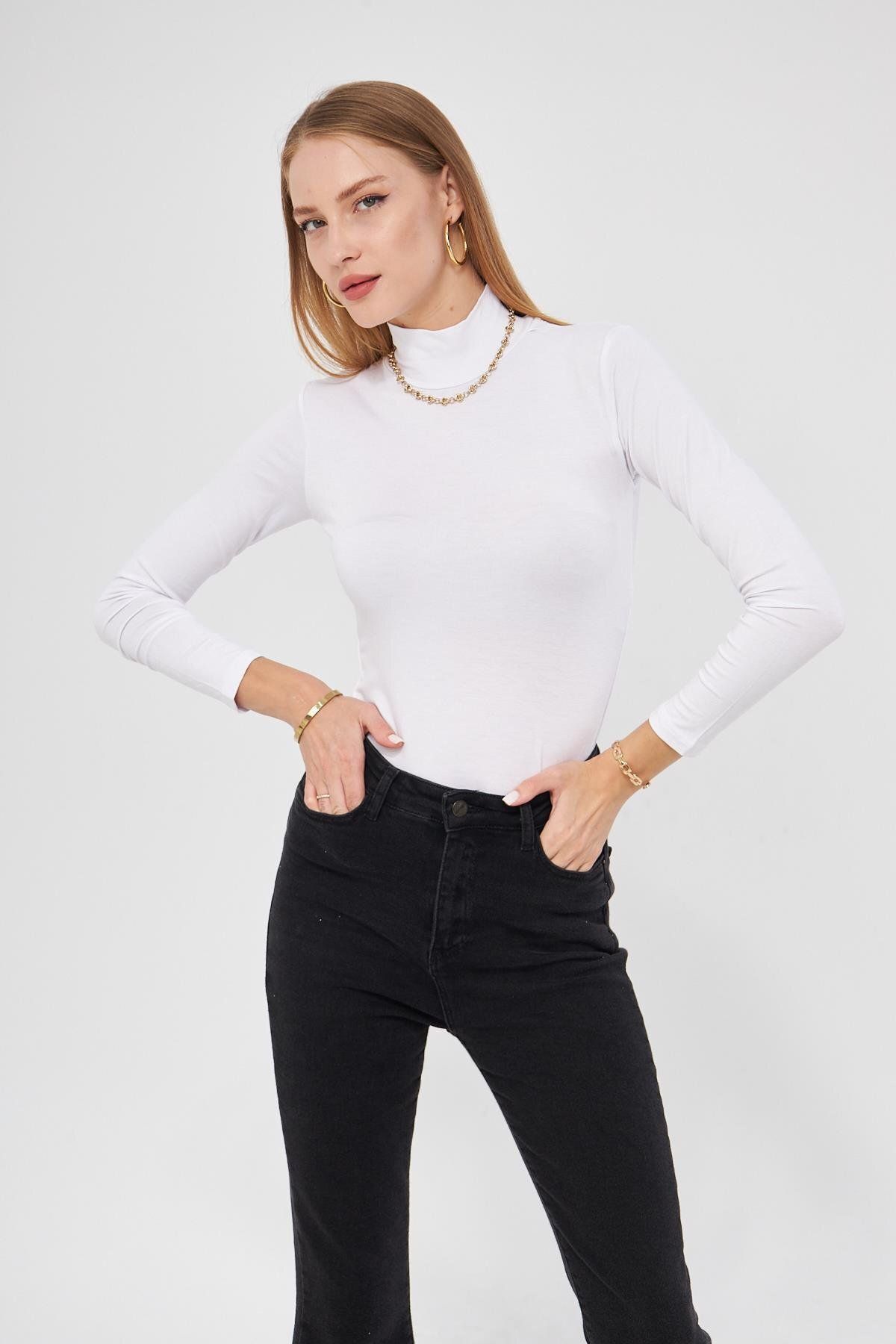 studio fashion 1988 Kadın Siyah Balıkçı Yaka Uzun Kol Premium Kumaş Viskon Likralı Body