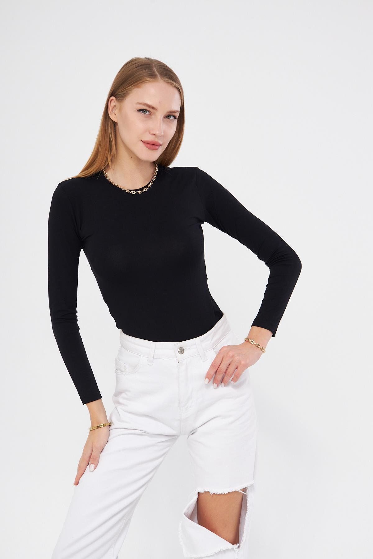 studio fashion 1988 Kadın Bisiklet Yaka Uzun Kol Premium Kumaş Viskon Likralı Body