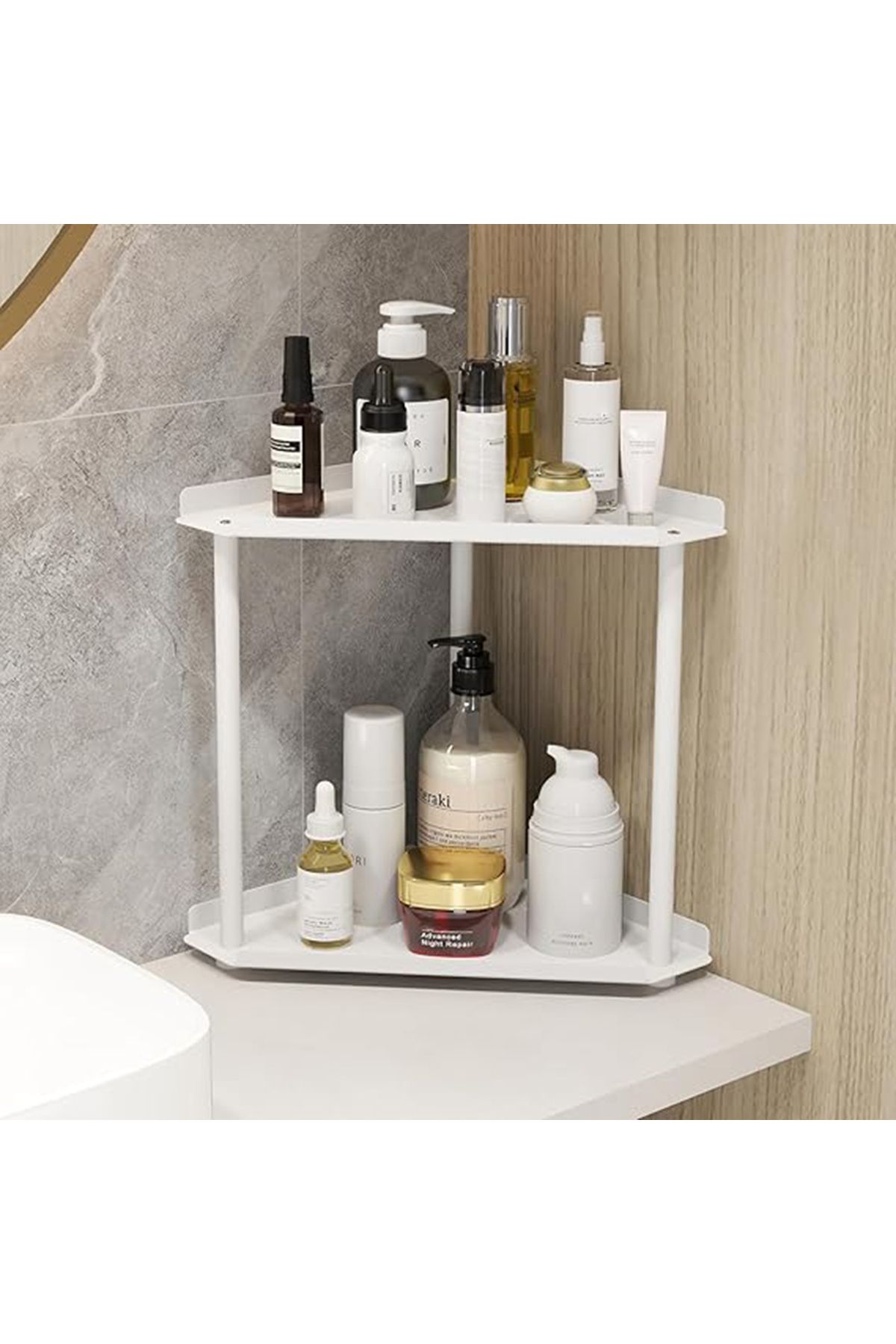 mazory decor Banyo Düzenleyici 2 Katlı Beyaz Lüks Düzenleyici Organizer Banyo Rafı Şampuanlık Dekoratif