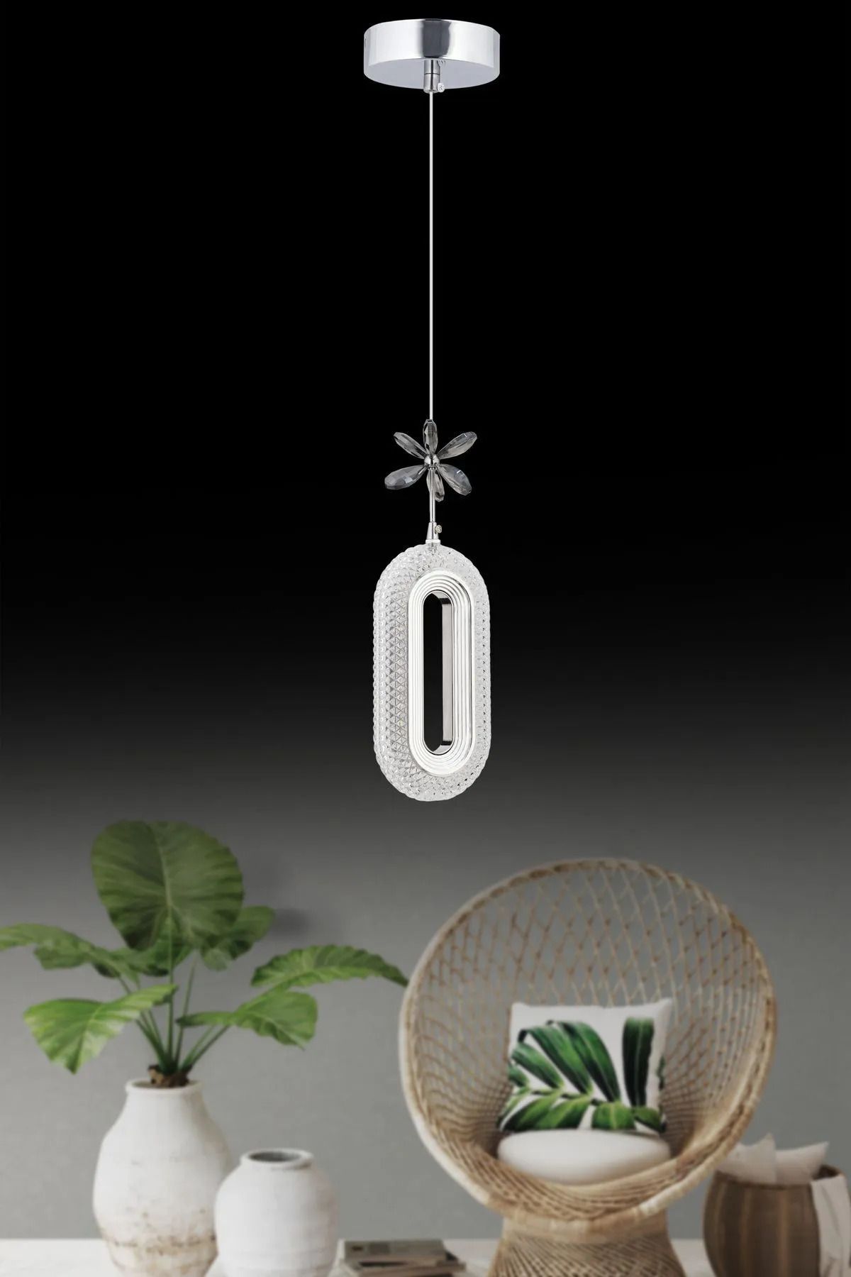 Roque Led Alfa Tekli Gümüş 3 Renk Ledli Kristal Taşlı Modern Led Avize