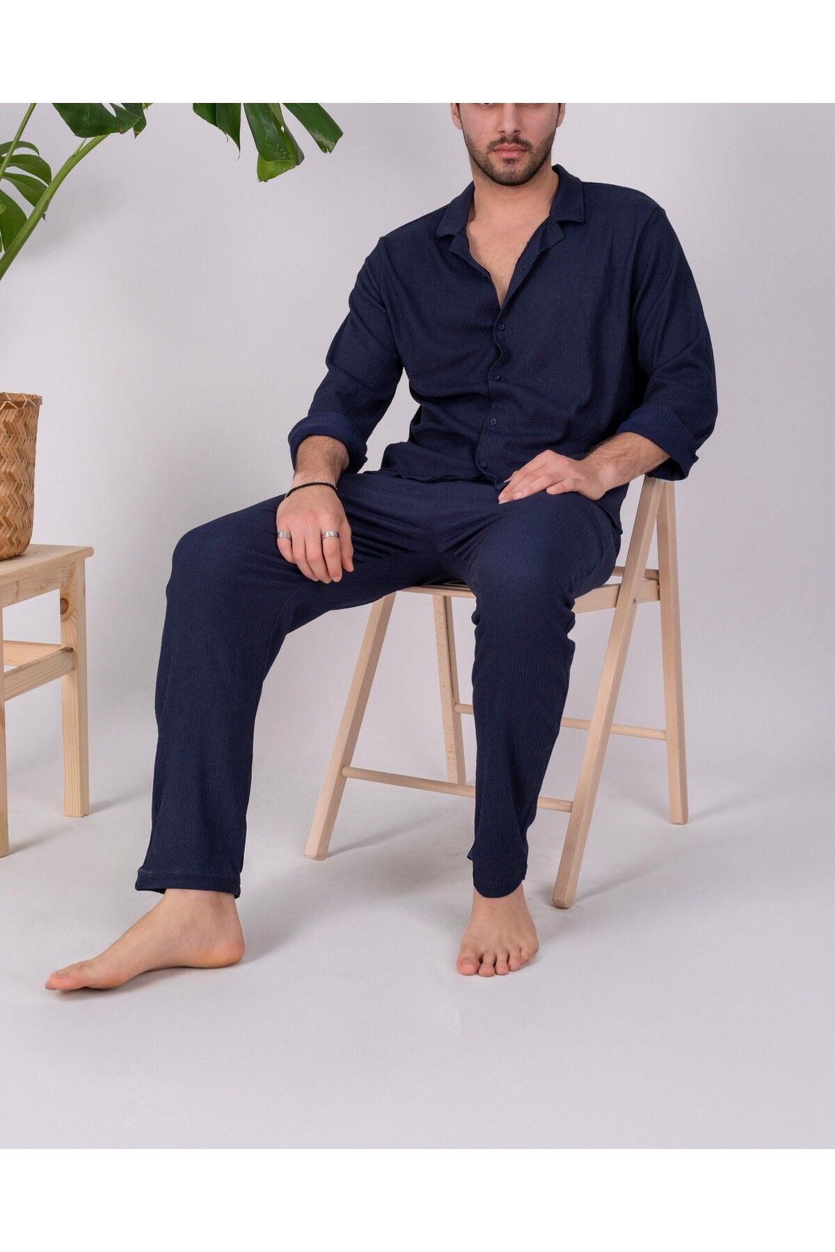 JAMPY Erkek Keten Gömlek Takım Özel Üretim Ferah Oversize Bürümcük Kumaş Alt Üst Gömlek Jogger Takım