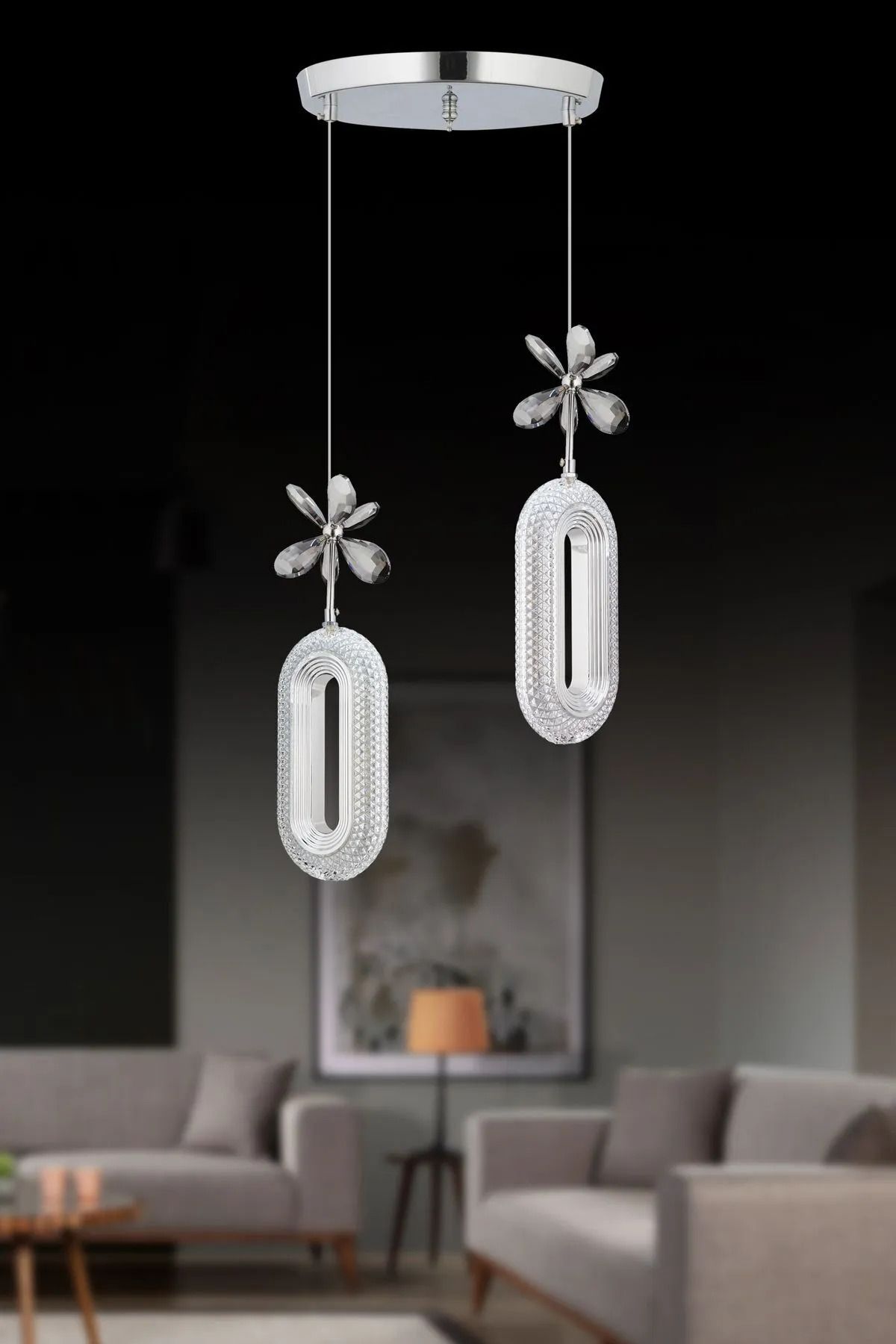 Roque Led Alfa 2'li Gümüş 3 Renk Ledli Kristal Taşlı Modern Led Avize