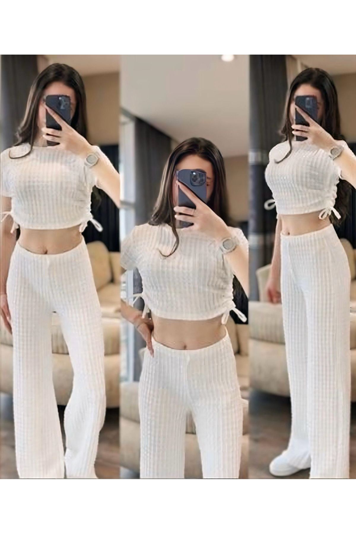 By Gecce Yandan Büzgü Detaylı İnce Kumaş Yazlık İkili Takım – Crop & Pantolon Set