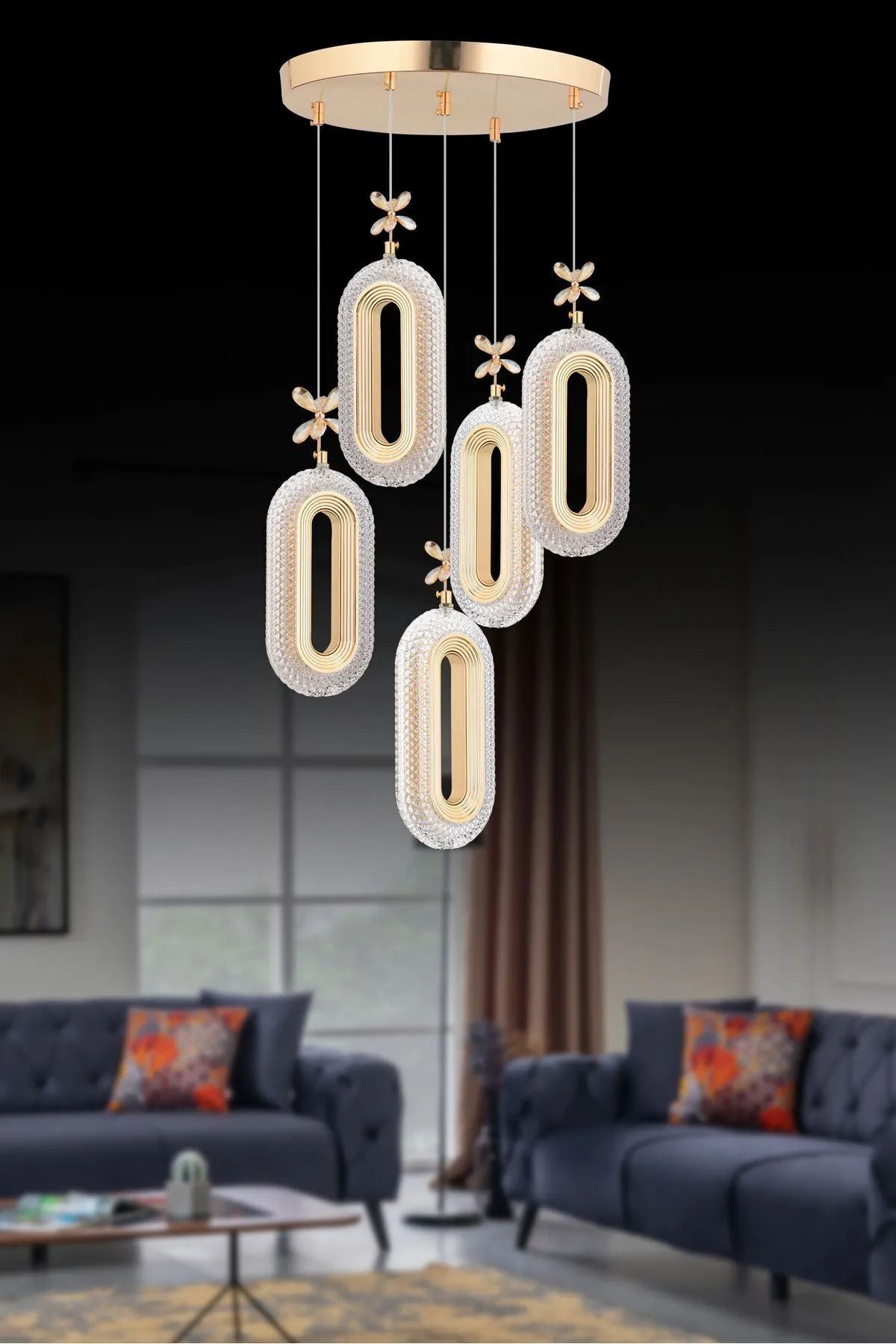 Roque Alfa Led 5'li Gold 3 Renk Ledli Kristal Taşlı Modern Led Avize