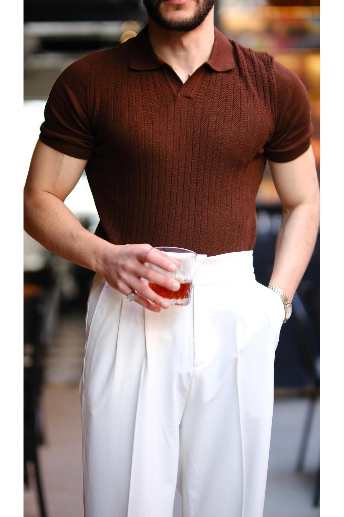 VAVEYLO MENS FASHION Serlano Pamuklu Kendinden Desenli Polo Yaka T-shirt