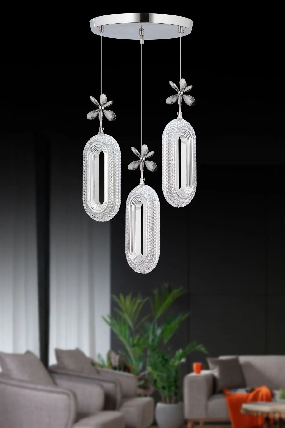Roque Led Alfa 3'lü Gümüş Kumandalı 3 Renk Ledli Kristal Taşlı Modern Led Avize