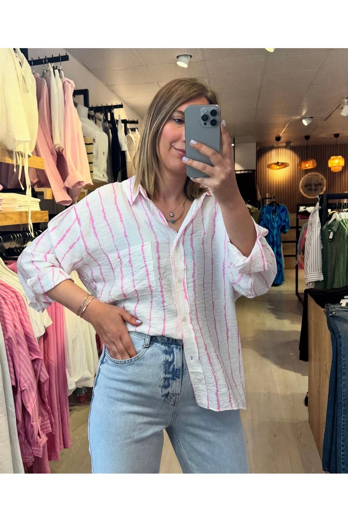 disponible Kırışık Model Pembe Beyaz Çizgili Kadın Oversize Gömlek