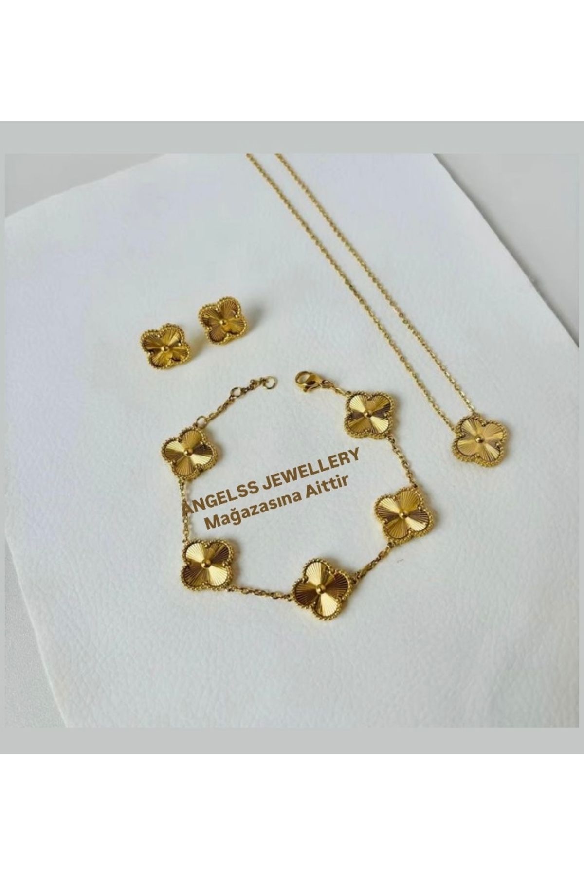 ANGELSS JEWELLERY Yonca Model Gold Kolye Bileklik Küpe Seti (3’lü Kombin Gold Kolye Bileklik Küpe Van Cleeff)
