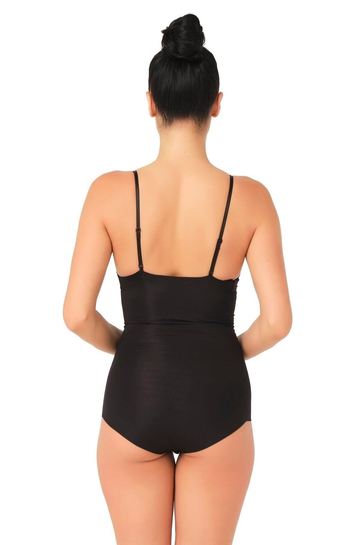 GiyimCity SİYAH Lazer Kesim Göğsü Açık Slip Korse